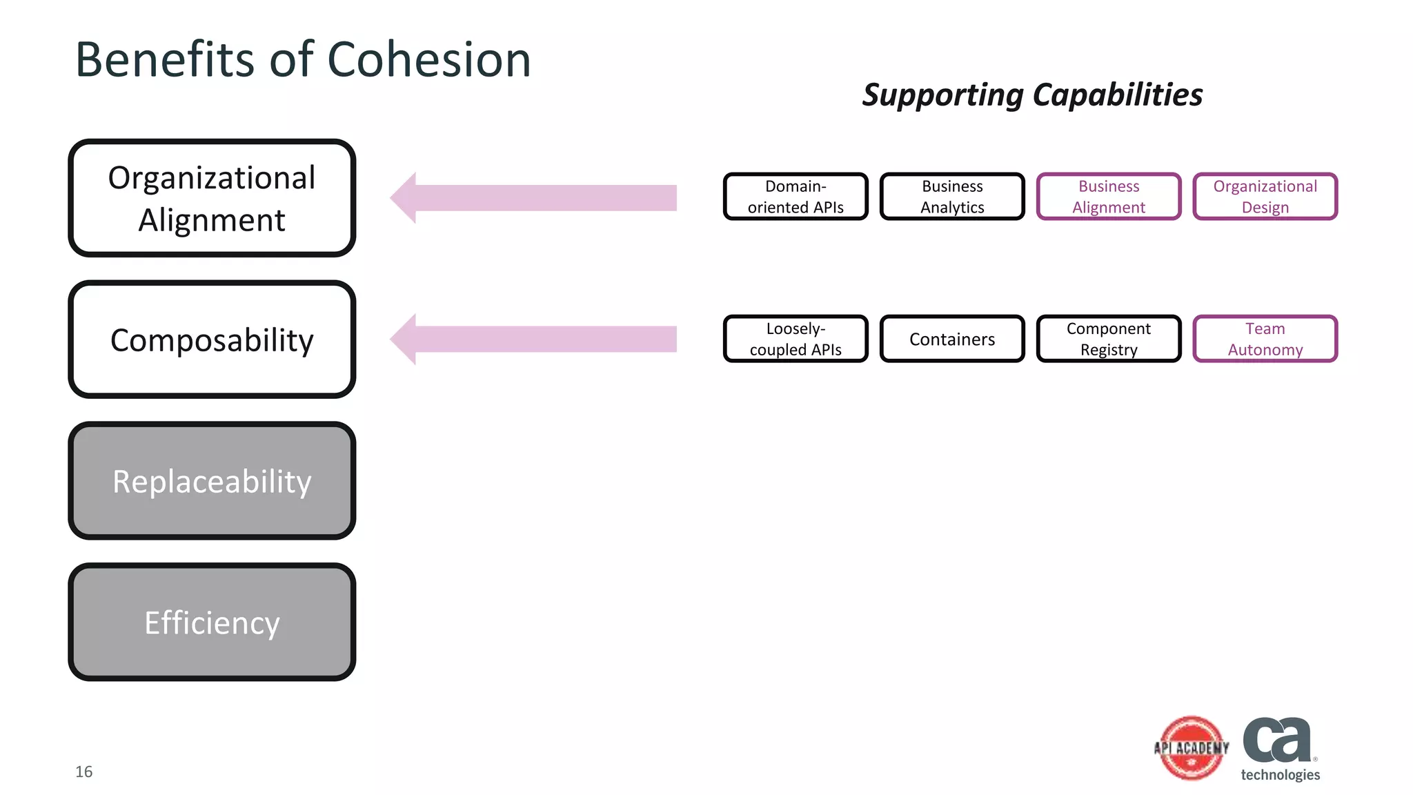 16
Benefits of Cohesion
Organizational
Alignment
Composability
Replaceability
Efficiency
Supporting Capabilities
Loosely-
coupled APIs
Containers
Component
Registry
Team
Autonomy
Domain-
oriented APIs
Business
Analytics
Business
Alignment
Organizational
Design
 