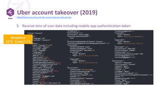 Uber account takeover (2019)
Response
(173 lines!!!)
https://apisecurity.io/issue-49-uber-account-takeover-leaky-get-api/
3. Receive tons of user data including mobile app authentication token
 