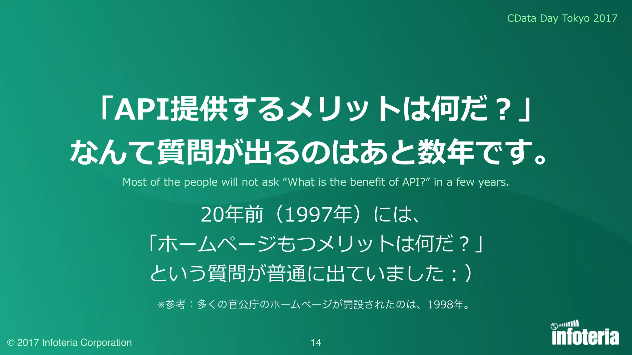 CData Day Tokyo 2017
© 2017 Infoteria Corporation
「API提供するメリットは何だ？」
なんて質問が出るのはあと数年です。
20年前（1997年）には、
「ホームページもつメリットは何だ？」
という質問が普通に出ていました：）
※参考：多くの官公庁のホームページが開設されたのは、1998年。
Most of the people will not ask “What is the benefit of API?” in a few years.
14
 