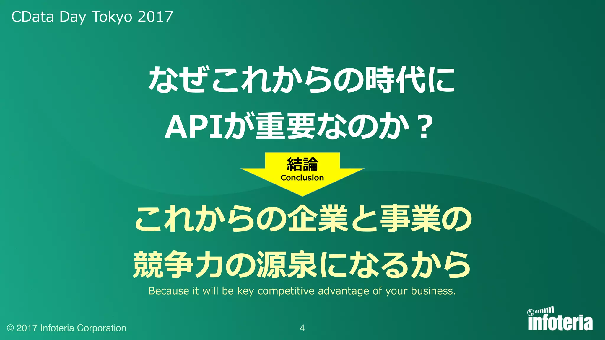 CData Day Tokyo 2017
© 2017 Infoteria Corporation 4
これからの企業と事業の
競争⼒の源泉になるから
結論
Conclusion
なぜこれからの時代に
APIが重要なのか？
Because it will be key competitive advantage of your business.
 