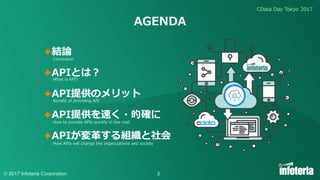 CData Day Tokyo 2017
© 2017 Infoteria Corporation 2
AGENDA
✦結論
✦APIとは？
✦API提供のメリット
✦API提供を速く・的確に
✦APIが変⾰する組織と社会
Conclusion...