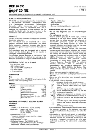 bioMérieux® sa English - 1
REF 20 050 07615H - GB - 2003/10
®
20 NE
Identification system for non-fastidious, non-enteric Gram-negative rods
SUMMARY AND EXPLANATION
API 20 NE is a standardized system for the identification
of non-fastidious, non-enteric Gram-negative rods
(e.g. Pseudomonas, Acinetobacter, Flavobacterium,
Moraxella, Vibrio, Aeromonas, etc.), combining
8 conventional tests, 12 assimilation tests and a
database. The complete list of those organisms that it is
possible to identify with this system is given in the
Identification Table at the end of this package insert.
PRINCIPLE
The API 20 NE strip consists of 20 microtubes containing
dehydrated substrates.
The conventional tests are inoculated with a saline
bacterial suspension which reconstitutes the media.
During incubation, metabolism produces color changes
that are either spontaneous or revealed by the addition of
reagents.
The assimilation tests are inoculated with a minimal
medium and the bacteria grow if they are capable of
utilizing the corresponding substrate.
The reactions are read according to the Reading Table
and the identification is obtained by referring to the
Analytical Profile Index or using the identification software.
CONTENT OF THE KIT (Kit for 25 tests)
- 25 API 20 NE strips
- 25 incubation boxes
- 25 ampules of API AUX Medium
- 25 result sheets
- 1 package insert
COMPOSITION
Strip
The composition of the API 20 NE strip is given in the
Reading Table of this package insert.
Medium
API AUX
Medium
7 ml
Ammonium sulphate 2 g
Agar 1.5 g
Vitamin solution 10.5 ml
Trace elements 10 ml
Monosodium phosphate 6.24 g
Potassium chloride 1.5 g
Demineralized water to make 1000 ml
Final pH : 7.0-7.2
REAGENTS AND MATERIAL REQUIRED BUT NOT
PROVIDED
Reagents :
- API NaCl 0.85 % Medium, 2 ml (Ref. 20 070)
- Reagents : JAMES (Ref. 70 542)
NIT 1 + NIT 2 (Ref. 70 442)
Zn (Ref. 70 380)
- Oxidase (Ref. 55 635*)
* reference not sold in certain countries : use an
equivalent reagent.
- Mineral oil (Ref. 70 100)
- McFarland Standard (Ref. 70 900) No. 0.5
- API 20 NE Analytical Profile Index (Ref. 20 090) or
identification software (consult bioMérieux)
Material :
- Pipettes or PSIpettes
- Ampule protector
- Ampule rack
- General microbiology laboratory equipment
WARNINGS AND PRECAUTIONS
• For in vitro diagnostic use and microbiological
control.
• For professional use only.
• This kit contains products of animal origin. Certified
knowledge of the origin and/or sanitary state of the
animals does not totally guarantee the absence of
transmissible pathogenic agents. It is therefore
recommended that these products be treated as
potentially infectious, and handled observing the usual
safety precautions (do not ingest or inhale).
• All specimens, microbial cultures and inoculated
products should be considered infectious and handled
appropriately. Aseptic technique and usual precautions
for handling the bacterial group studied should be
observed throughout this procedure. Refer to "NCCLS
M29-A, Protection of Laboratory Workers from
Instrument Biohazards and Infectious Disease
Transmitted by Blood, Body Fluids, and Tissue;
Approved Guideline - December 1997". For additional
handling precautions, refer to "Biosafety in
Microbiological and Biomedical Laboratories, HHS
Publication No. (CDC) 93-8395, 3rd Edition (May
1993)", or to the regulations currently in use in each
country.
• Do not use reagents past the expiration date.
• Before use, check that the packaging and components
are intact.
• Do not use strips which have been damaged : cupules
deformed, etc.
• Open ampules carefully as follows :
- Place the ampule in the ampule protector.
- Hold the protected ampule in one hand in a
vertical position (white plastic cap upper-
most).
- Press the cap down as far as possible.
- Cover the flattened part of the cap with the
upper part of the thumb.
- Apply thumb pressure in an outward motion
to the base of the flattened part of the cap to
snap off the top of the ampule inside the
cap.
- Take the ampule out of the ampule protector
and put the protector aside for subsequent
use.
- Carefully remove the cap.
• The performance data presented were obtained using
the procedure indicated in this package insert. Any
change or modification in the procedure may affect the
results.
• Interpretation of the test results should be made taking
into consideration the patient history, the source of the
specimen, colonial and microscopic morphology of the
strain and, if necessary, the results of any other tests
performed, particularly the antimicrobial susceptibility
patterns.
IVD
 