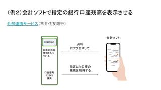 （例２）会計ソフトで指定の銀行口座残高を表示させる
外部連携サービス（三井住友銀行）
API
にアクセスして
〇〇銀行のAPI
口座の残高
情報をもっ
ている
口座番号
12345
残高
指定した口座の
残高を取得する
会計ソフト
 