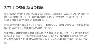 スマレジの成長（新垣の見解）
当社は、2010年に「クラウドPOSレジ」から始まり、2012年に「Waiterをリリース」2014年
に「TIMECARD」をリリース、2020年7月に「スマレジ・アプリマーケット」をリリース、
2022年7月に「PAYGATE」の販売を開始した。
当初は「クラウドPOSレジというカテゴリー（事業ドメイン）」で戦ってきたが、今では「店舗
DXというカテゴリー」に事業ドメインを広げている。
企業や個店の経営課題が複雑化する中、ただ単純に「POSレジサービス」を提供するだ
けではなく、他のサービスやアプリを組み合わせることで、業務効率化や生産性アップ、
ID－POSの実現など、店舗DXを実現させるソリューション提案ができるようになってき
た。
 