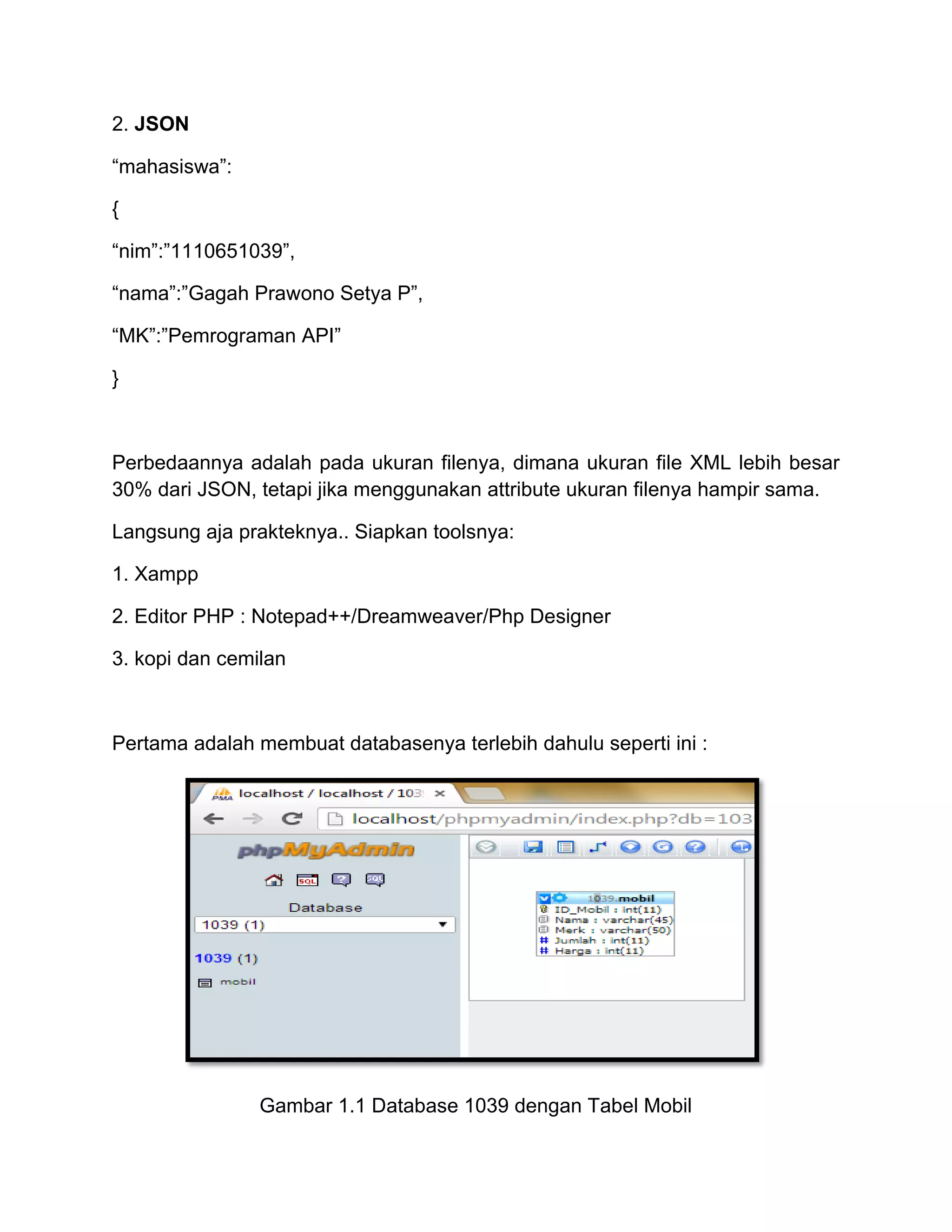 2. JSON
“mahasiswa”:
{
“nim”:”1110651039”,
“nama”:”Gagah Prawono Setya P”,
“MK”:”Pemrograman API”
}
Perbedaannya adalah pada ukuran filenya, dimana ukuran file XML lebih besar
30% dari JSON, tetapi jika menggunakan attribute ukuran filenya hampir sama.
Langsung aja prakteknya.. Siapkan toolsnya:
1. Xampp
2. Editor PHP : Notepad++/Dreamweaver/Php Designer
3. kopi dan cemilan
Pertama adalah membuat databasenya terlebih dahulu seperti ini :
Gambar 1.1 Database 1039 dengan Tabel Mobil
 