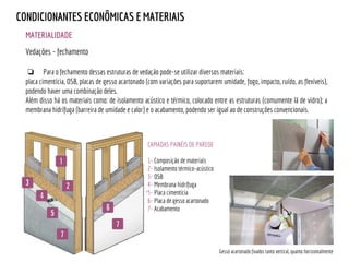 MATERIALIDADE
CONDICIONANTES ECONÔMICAS E MATERIAIS
Vedações - fechamento
❏ Para o fechamento dessas estruturas de vedação pode-se utilizar diversos materiais:
placa cimentícia, OSB, placas de gesso acartonado (com variações para suportarem umidade, fogo, impacto, ruído, as flexíveis),
podendo haver uma combinação deles.
Além disso há os materiais como: de isolamento acústico e térmico, colocado entre as estruturas (comumente lã de vidro); a
membrana hidrífuga (barreira de umidade e calor) e o acabamento, podendo ser igual ao de construções convencionais.
CAMADAS PAINÉIS DE PAREDE
1- Composição de materiais
2- Isolamento térmico-acústico
3- OSB
4- Membrana hidrífuga
5- Placa cimentícia
6- Placa de gesso acartonado
7- Acabamento
Gesso acartonado fixados tanto vertical, quanto horizontalmente
 