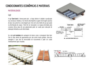 MATERIALIDADE
CONDICIONANTES ECONÔMICAS E MATERIAIS
Laje
A laje Steel deck é interessante pois a chapa inferior é soldada e parafusada
nas estruturas metálicas. Ela mesma desempenha o papel de ferragem positiva
da laje, mas junto há a concretagem por cima com uma malha de aço que ajuda
na distribuição de cargas. É fácil de ser executada e os espaços formados pela
curvatura dessa placa de aço galvanizado pode ser usado para colocação de
tubulação hidráulica ou de eletricidade.
Já a laje pré-moldada tem vantagem de menor custo e conseguem lidar bem
com os vãos dentro do apartamento por não serem muito grandes. Uma das
vantagens é que não há necessidade de escoramento e pode ser usado
imediatamente após instalada.
Steel deck
 