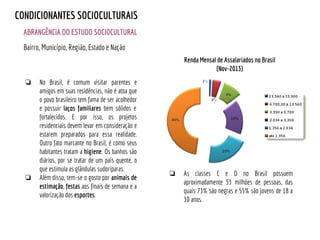 ABRANGÊNCIA DO ESTUDO SOCIOCULTURAL
CONDICIONANTES SOCIOCULTURAIS
Bairro, Município, Região, Estado e Nação
Renda Mensal de Assalariados no Brasil
(Nov-2013)
❏ No Brasil, é comum visitar parentes e
amigos em suas residências, não é atoa que
o povo brasileiro tem fama de ser acolhedor
e possuir laços familiares bem sólidos e
fortalecidos. E por isso, os projetos
residenciais devem levar em consideração e
estarem preparados para essa realidade.
Outro fato marcante no Brasil, é como seus
habitantes tratam a higiene. Os banhos são
diários, por se tratar de um país quente, o
que estimula as glândulas sudoríparas.
❏ Além disso, tem-se o gosto por animais de
estimação, festas aos finais de semana e a
valorização dos esportes.
❏ As classes C e D no Brasil possuem
aproximadamente 53 milhões de pessoas, das
quais 73% são negras e 55% são jovens de 18 a
30 anos.
 