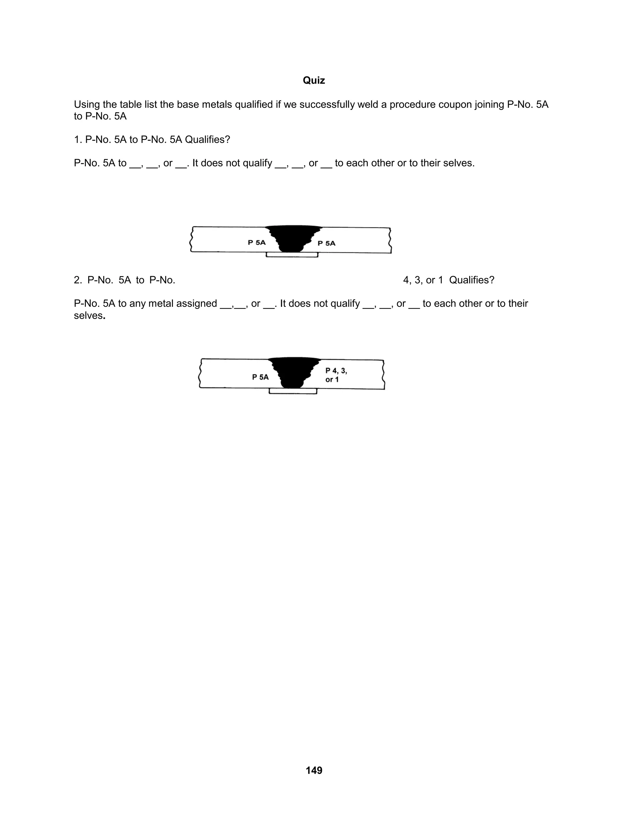 149
Quiz
Using the table list the base metals qualified if we successfully weld a procedure coupon joining P-No. 5A
to P-No. 5A
1. P-No. 5A to P-No. 5A Qualifies?
P-No. 5A to __, __, or __. It does not qualify __, __, or __ to each other or to their selves.
2. P-No. 5A to P-No. 4, 3, or 1 Qualifies?
P-No. 5A to any metal assigned __,__, or __. It does not qualify __, __, or __ to each other or to their
selves.
 