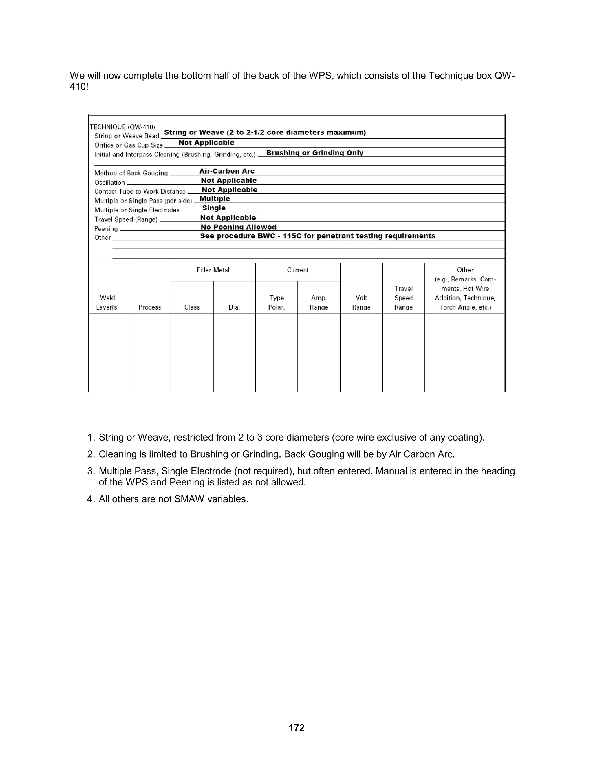 172
We will now complete the bottom half of the back of the WPS, which consists of the Technique box QW-
410!
1. String or Weave, restricted from 2 to 3 core diameters (core wire exclusive of any coating).
2. Cleaning is limited to Brushing or Grinding. Back Gouging will be by Air Carbon Arc.
3. Multiple Pass, Single Electrode (not required), but often entered. Manual is entered in the heading
of the WPS and Peening is listed as not allowed.
4. All others are not SMAW variables.
 