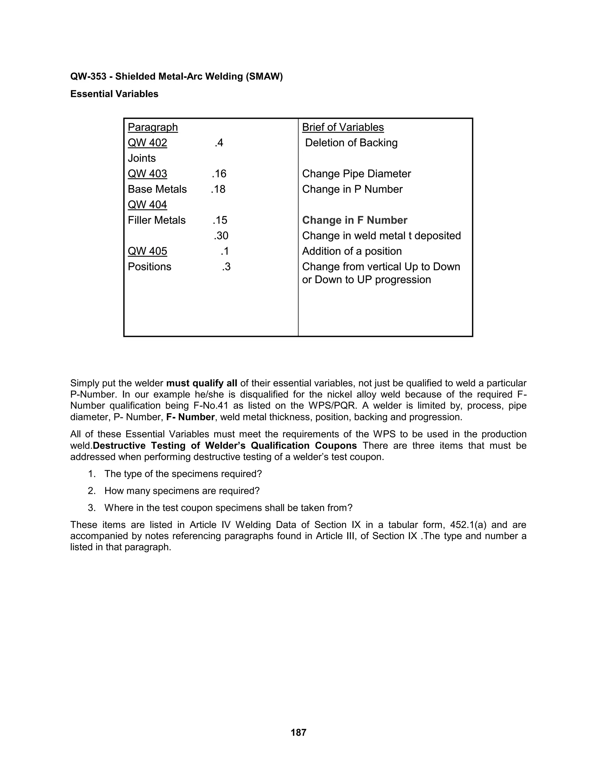 187
QW-353 - Shielded Metal-Arc Welding (SMAW)
Essential Variables
Simply put the welder must qualify all of their essential variables, not just be qualified to weld a particular
P-Number. In our example he/she is disqualified for the nickel alloy weld because of the required F-
Number qualification being F-No.41 as listed on the WPS/PQR. A welder is limited by, process, pipe
diameter, P- Number, F- Number, weld metal thickness, position, backing and progression.
All of these Essential Variables must meet the requirements of the WPS to be used in the production
weld.Destructive Testing of Welder’s Qualification Coupons There are three items that must be
addressed when performing destructive testing of a welder’s test coupon.
1. The type of the specimens required?
2. How many specimens are required?
3. Where in the test coupon specimens shall be taken from?
These items are listed in Article IV Welding Data of Section IX in a tabular form, 452.1(a) and are
accompanied by notes referencing paragraphs found in Article III, of Section IX .The type and number a
listed in that paragraph.
Brief of Variables
Deletion of Backing
Change Pipe Diameter
Change in P Number
Change in F Number
Change in weld metal t deposited
Addition of a position
Change from vertical Up to Down
or Down to UP progression
Paragraph
QW 402 .4
Joints
QW 403 .16
Base Metals .18
QW 404
Filler Metals .15
.30
QW 405 .1
Positions .3
Brief of Variables
Deletion of Backing
Change Pipe Diameter
Change in P Number
Change in F Number
Change in weld metal t deposited
Addition of a position
Change from vertical Up to Down
or Down to UP progression
Paragraph
QW 402 .4
Joints
QW 403 .16
Base Metals .18
QW 404
Filler Metals .15
.30
QW 405 .1
Positions .3
 