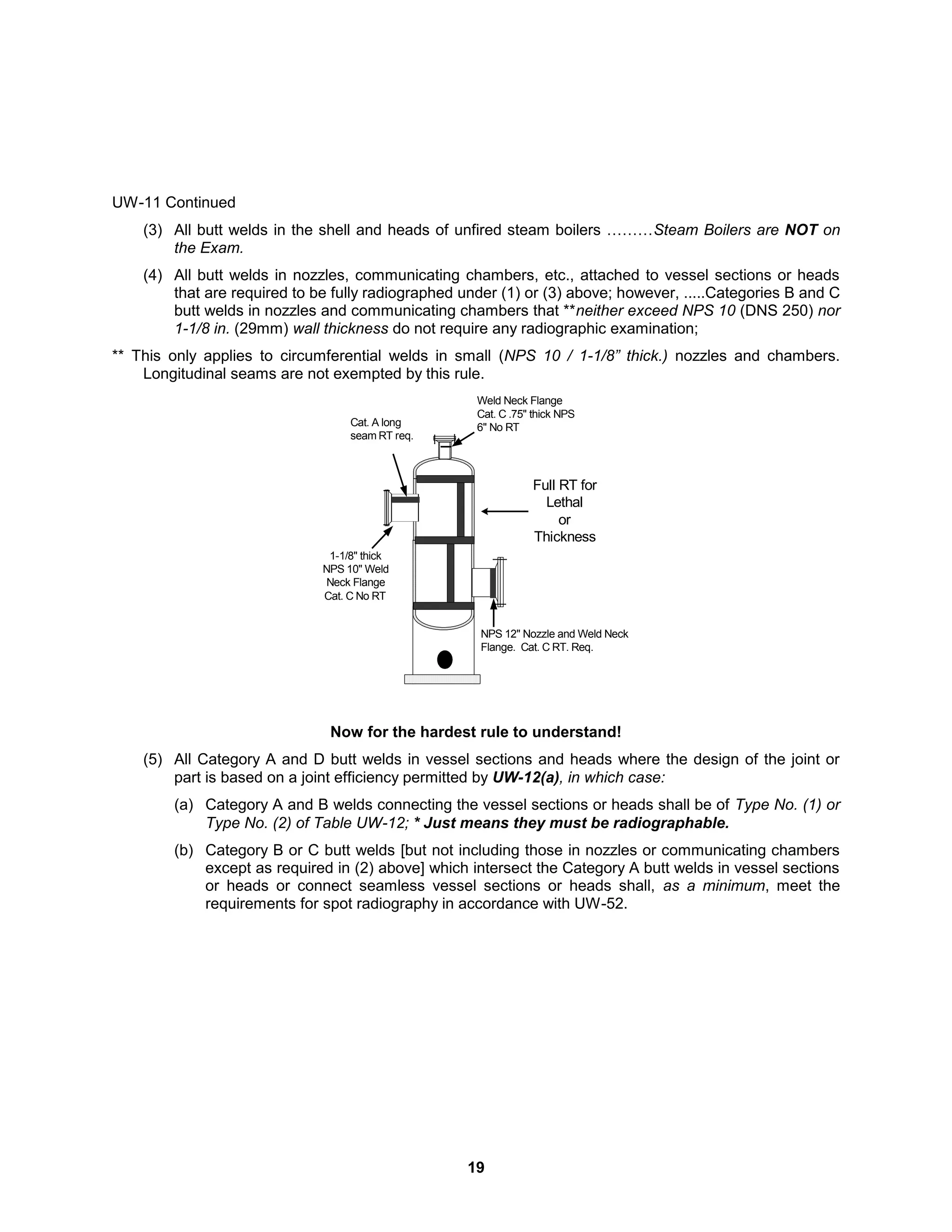 19
UW-11 Continued
(3) All butt welds in the shell and heads of unfired steam boilers ………Steam Boilers are NOT on
the Exam.
(4) All butt welds in nozzles, communicating chambers, etc., attached to vessel sections or heads
that are required to be fully radiographed under (1) or (3) above; however, .....Categories B and C
butt welds in nozzles and communicating chambers that **neither exceed NPS 10 (DNS 250) nor
1-1/8 in. (29mm) wall thickness do not require any radiographic examination;
** This only applies to circumferential welds in small (NPS 10 / 1-1/8” thick.) nozzles and chambers.
Longitudinal seams are not exempted by this rule.
Full RT for
Lethal
or
Thickness
Weld Neck Flange
Cat. C .75" thick NPS
6" No RT
Cat. A long
seam RT req.
1-1/8" thick
NPS 10" Weld
Neck Flange
Cat. C No RT
NPS 12" Nozzle and Weld Neck
Flange. Cat. C RT. Req.
Now for the hardest rule to understand!
(5) All Category A and D butt welds in vessel sections and heads where the design of the joint or
part is based on a joint efficiency permitted by UW-12(a), in which case:
(a) Category A and B welds connecting the vessel sections or heads shall be of Type No. (1) or
Type No. (2) of Table UW-12; * Just means they must be radiographable.
(b) Category B or C butt welds [but not including those in nozzles or communicating chambers
except as required in (2) above] which intersect the Category A butt welds in vessel sections
or heads or connect seamless vessel sections or heads shall, as a minimum, meet the
requirements for spot radiography in accordance with UW-52.
 