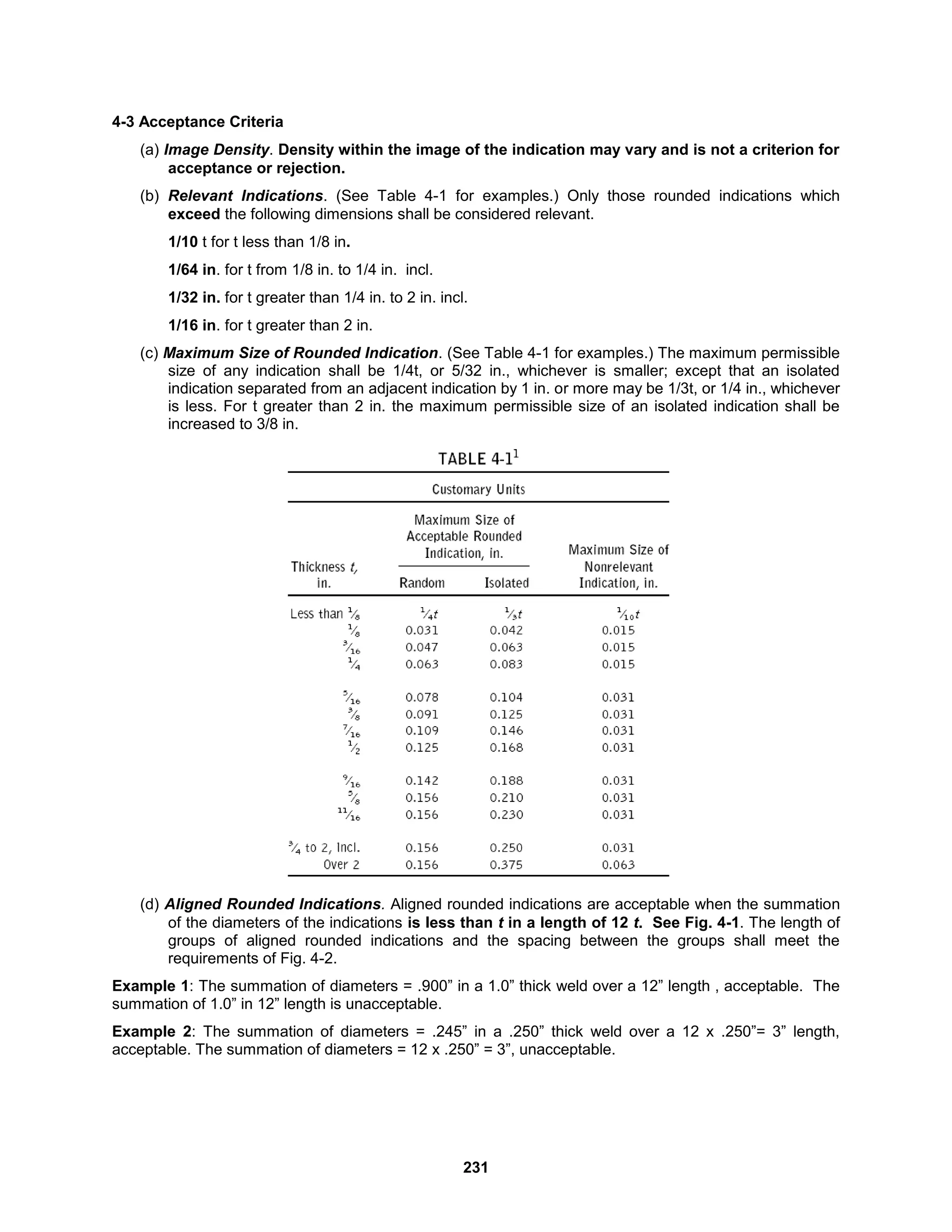 231
4-3 Acceptance Criteria
(a) Image Density. Density within the image of the indication may vary and is not a criterion for
acceptance or rejection.
(b) Relevant Indications. (See Table 4-1 for examples.) Only those rounded indications which
exceed the following dimensions shall be considered relevant.
1/10 t for t less than 1/8 in.
1/64 in. for t from 1/8 in. to 1/4 in. incl.
1/32 in. for t greater than 1/4 in. to 2 in. incl.
1/16 in. for t greater than 2 in.
(c) Maximum Size of Rounded Indication. (See Table 4-1 for examples.) The maximum permissible
size of any indication shall be 1/4t, or 5/32 in., whichever is smaller; except that an isolated
indication separated from an adjacent indication by 1 in. or more may be 1/3t, or 1/4 in., whichever
is less. For t greater than 2 in. the maximum permissible size of an isolated indication shall be
increased to 3/8 in.
(d) Aligned Rounded Indications. Aligned rounded indications are acceptable when the summation
of the diameters of the indications is less than t in a length of 12 t. See Fig. 4-1. The length of
groups of aligned rounded indications and the spacing between the groups shall meet the
requirements of Fig. 4-2.
Example 1: The summation of diameters = .900” in a 1.0” thick weld over a 12” length , acceptable. The
summation of 1.0” in 12” length is unacceptable.
Example 2: The summation of diameters = .245” in a .250” thick weld over a 12 x .250”= 3” length,
acceptable. The summation of diameters = 12 x .250” = 3”, unacceptable.
 
