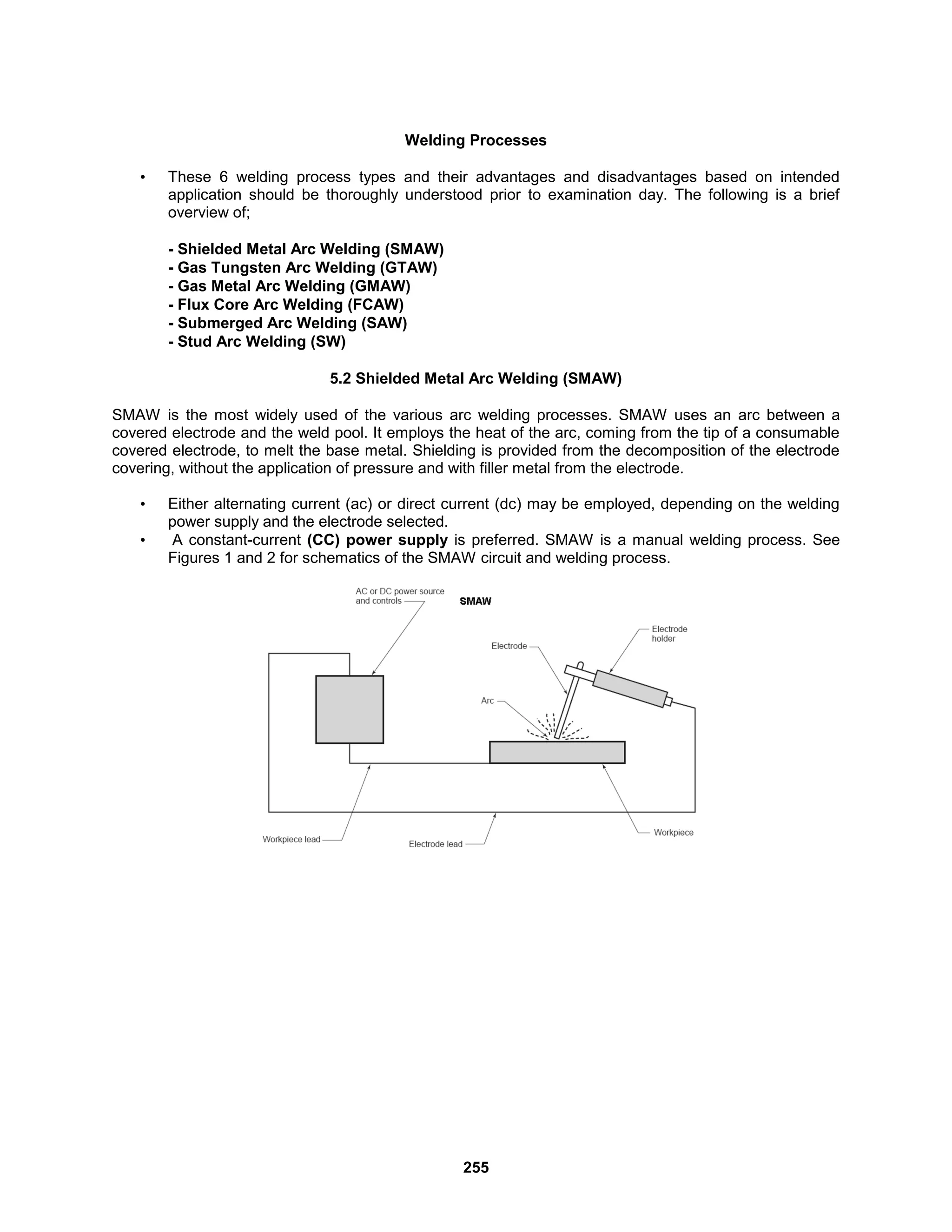 255
Welding Processes
• These 6 welding process types and their advantages and disadvantages based on intended
application should be thoroughly understood prior to examination day. The following is a brief
overview of;
- Shielded Metal Arc Welding (SMAW)
- Gas Tungsten Arc Welding (GTAW)
- Gas Metal Arc Welding (GMAW)
- Flux Core Arc Welding (FCAW)
- Submerged Arc Welding (SAW)
- Stud Arc Welding (SW)
5.2 Shielded Metal Arc Welding (SMAW)
SMAW is the most widely used of the various arc welding processes. SMAW uses an arc between a
covered electrode and the weld pool. It employs the heat of the arc, coming from the tip of a consumable
covered electrode, to melt the base metal. Shielding is provided from the decomposition of the electrode
covering, without the application of pressure and with filler metal from the electrode.
• Either alternating current (ac) or direct current (dc) may be employed, depending on the welding
power supply and the electrode selected.
• A constant-current (CC) power supply is preferred. SMAW is a manual welding process. See
Figures 1 and 2 for schematics of the SMAW circuit and welding process.
 