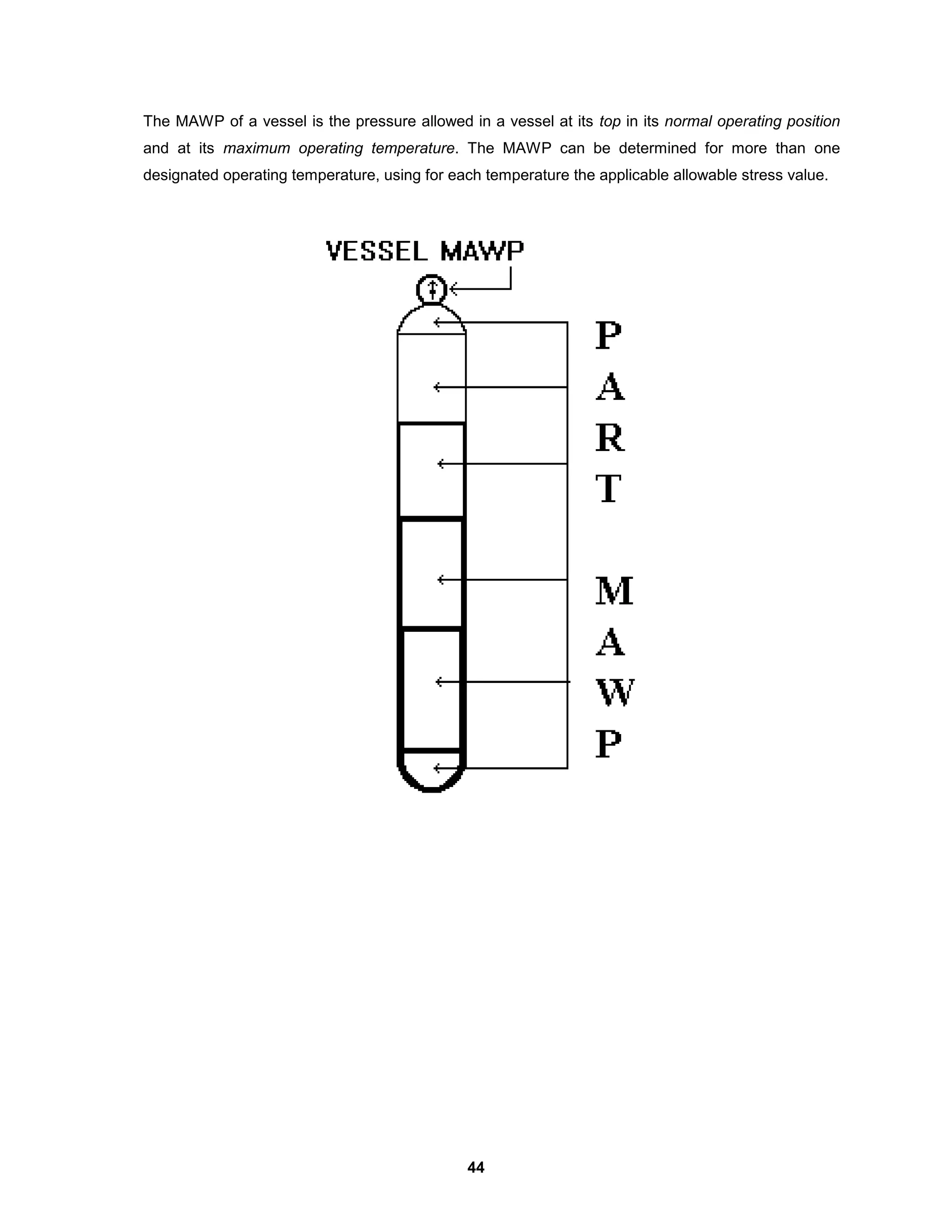 44
The MAWP of a vessel is the pressure allowed in a vessel at its top in its normal operating position
and at its maximum operating temperature. The MAWP can be determined for more than one
designated operating temperature, using for each temperature the applicable allowable stress value.
 