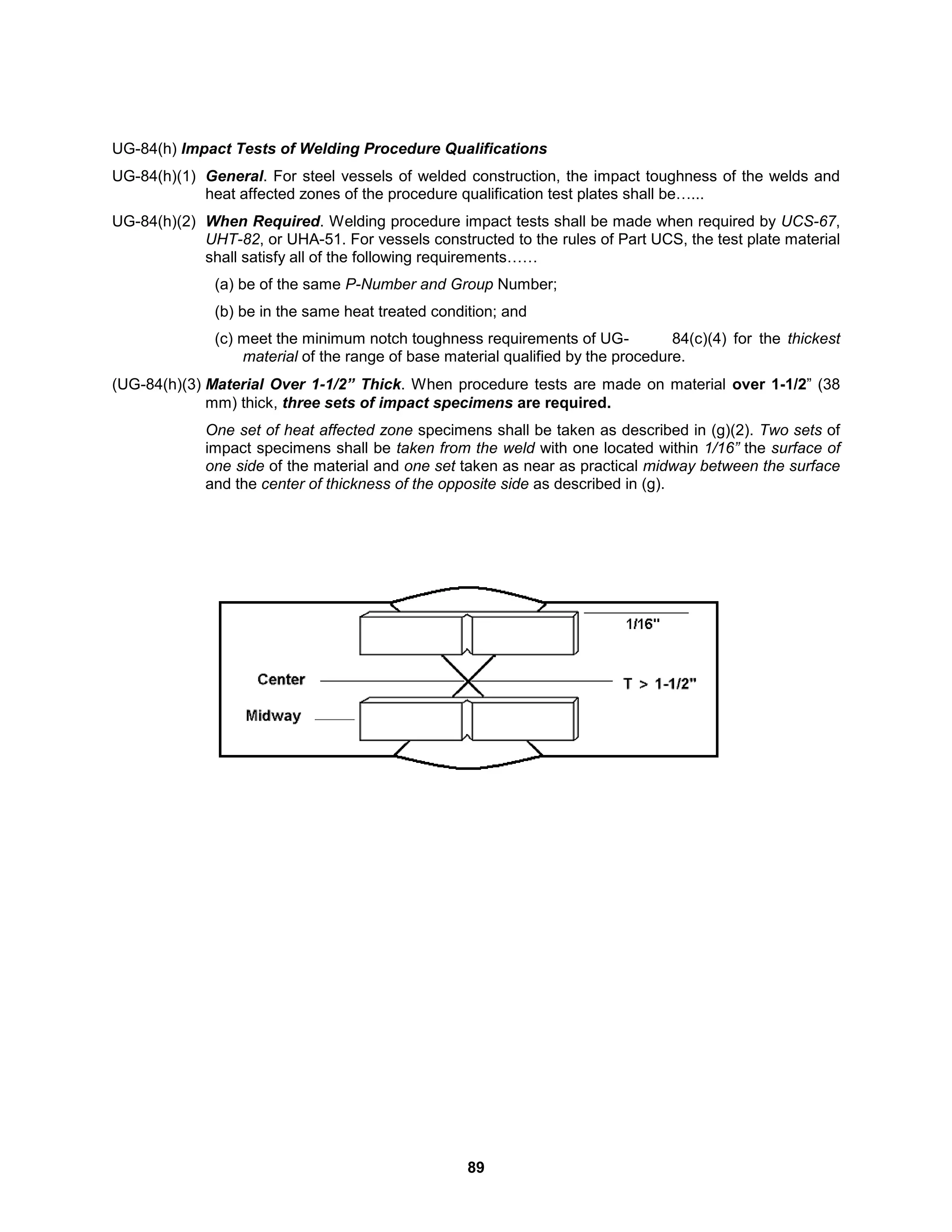 89
UG-84(h) Impact Tests of Welding Procedure Qualifications
UG-84(h)(1) General. For steel vessels of welded construction, the impact toughness of the welds and
heat affected zones of the procedure qualification test plates shall be…...
UG-84(h)(2) When Required. Welding procedure impact tests shall be made when required by UCS-67,
UHT-82, or UHA-51. For vessels constructed to the rules of Part UCS, the test plate material
shall satisfy all of the following requirements……
(a) be of the same P-Number and Group Number;
(b) be in the same heat treated condition; and
(c) meet the minimum notch toughness requirements of UG- 84(c)(4) for the thickest
material of the range of base material qualified by the procedure.
(UG-84(h)(3) Material Over 1-1/2” Thick. When procedure tests are made on material over 1-1/2” (38
mm) thick, three sets of impact specimens are required.
One set of heat affected zone specimens shall be taken as described in (g)(2). Two sets of
impact specimens shall be taken from the weld with one located within 1/16” the surface of
one side of the material and one set taken as near as practical midway between the surface
and the center of thickness of the opposite side as described in (g).
 