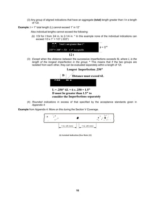 10
(3) Any group of aligned indications that have an aggregate (total) length greater than t in a length
of 12t,
Example: t = 1” total length (L) cannot exceed 1” in 12”
Also individual lengths cannot exceed the following:
(b) 1/3t for t from 3/4 in. to 2-1/4 in. * In this example none of the individual indications can
exceed 1/3 x 1” = 1/3” (.333”)
(3) Except when the distance between the successive imperfections exceeds 6L where L is the
length of the longest imperfection in the group; * This means that if the two groups are
isolated from each other, they can be evaluated separately within a length of 12t.
(4) Rounded indications in excess of that specified by the acceptance standards given in
Appendix 4.
Example from Appendix 4: More on this during the Section V Coverage.
 