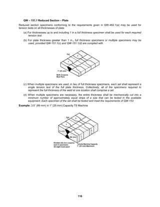 116
QW – 151.1 Reduced Section – Plate
Reduced section specimens conforming to the requirements given in QW-462.1(a) may be used for
tension tests on all thicknesses of plate.
(a) For thicknesses up to and including 1 in a full thickness specimen shall be used for each required
tension test.
(b) For plate thickness greater than 1 in., full thickness specimens or multiple specimens may be
used, provided QW-151.1(c) and QW-151.1(d) are complied with.
(c) When multiple specimens are used, in lieu of full thickness specimens, each set shall represent a
single tension test of the full plate thickness. Collectively, all of the specimens required to
represent the full thickness of the weld at one location shall comprise a set.
(d) When multiple specimens are necessary, the entire thickness shall be mechanically cut into a
minimum number of approximately equal strips of a size that can be tested in the available
equipment. Each specimen of the set shall be tested and meet the requirements of QW-153
Example: 3.5” (89 mm) in 1” (25 mm) Capacity TS Machine
 