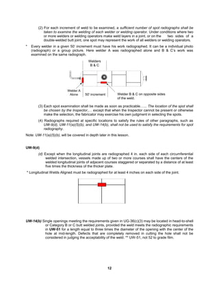 12
(2) For each increment of weld to be examined, a sufficient number of spot radiographs shall be
taken to examine the welding of each welder or welding operator. Under conditions where two
or more welders or welding operators make weld layers in a joint, or on the two sides of a
double-welded butt joint, one spot may represent the work of all welders or welding operators.
* Every welder in a given 50’ increment must have his work radiographed. It can be a individual photo
(radiograph) or a group picture. Here welder A was radiographed alone and B & C’s work was
examined on the same radiograph.
(3) Each spot examination shall be made as soon as practicable…... The location of the spot shall
be chosen by the Inspector,… except that when the Inspector cannot be present or otherwise
make the selection, the fabricator may exercise his own judgment in selecting the spots.
(4) Radiographs required at specific locations to satisfy the rules of other paragraphs, such as
UW-9(d), UW-11(a)(5)(b), and UW-14(b), shall not be used to satisfy the requirements for spot
radiography.
Note: UW-11(a)(5)(b), will be covered in depth later in this lesson.
UW-9(d)
(d) Except when the longitudinal joints are radiographed 4 in. each side of each circumferential
welded intersection, vessels made up of two or more courses shall have the centers of the
welded longitudinal joints of adjacent courses staggered or separated by a distance of at least
five times the thickness of the thicker plate.
* Longitudinal Welds Aligned must be radiographed for at least 4 inches on each side of the joint.
UW-14(b) Single openings meeting the requirements given in UG-36(c)(3) may be located in head-to-shell
or Category B or C butt welded joints, provided the weld meets the radiographic requirements
in UW-51 for a length equal to three times the diameter of the opening with the center of the
hole at mid-length. Defects that are completely removed in cutting the hole shall not be
considered in judging the acceptability of the weld. ** UW-51, not 52 to grade film.
50' increment Welder B & C on opposite sides
of the weld.
Welders
B & C
Welder A
Alone
 