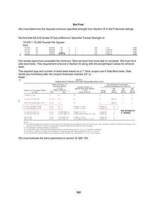162
But First’
We must determine the required minimum specified strength from Section IX in the P-Number listings.
We find that SA-516 Grade 70 has a Minimum Specified Tensile Strength of:
70 KSI = 70,000 Pounds Per Square
Inch.
Our tensile specimens exceeded the minimum. Now we have one more task to complete. We must do 4
side bend tests. This requirement is found in Section IX along with the accept/reject values for all bend
tests.
The required type and number of bend tests based on a 1” thick coupon are 4 Side Bend tests. Side
bends are mandatory after the coupon thickness reaches 3/4” or
larger.
We must evaluate the bend specimens to section IX QW-163.
 