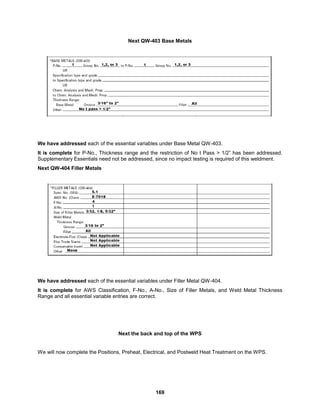 169
Next QW-403 Base Metals
We have addressed each of the essential variables under Base Metal QW-403.
It is complete for P-No., Thickness range and the restriction of No t Pass > 1/2” has been addressed.
Supplementary Essentials need not be addressed, since no impact testing is required of this weldment.
Next QW-404 Filler Metals
We have addressed each of the essential variables under Filler Metal QW-404.
It is complete for AWS Classification, F-No., A-No., Size of Filler Metals, and Weld Metal Thickness
Range and all essential variable entries are correct.
Next the back and top of the WPS
We will now complete the Positions, Preheat, Electrical, and Postweld Heat Treatment on the WPS.
 