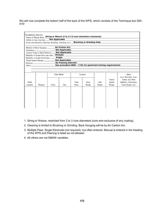 172
We will now complete the bottom half of the back of the WPS, which consists of the Technique box QW-
410!
1. String or Weave, restricted from 2 to 3 core diameters (core wire exclusive of any coating).
2. Cleaning is limited to Brushing or Grinding. Back Gouging will be by Air Carbon Arc.
3. Multiple Pass, Single Electrode (not required), but often entered. Manual is entered in the heading
of the WPS and Peening is listed as not allowed.
4. All others are not SMAW variables.
 