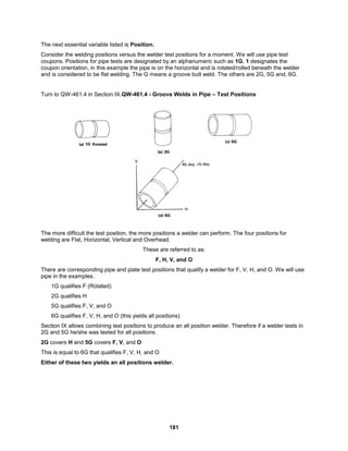 181
The next essential variable listed is Position.
Consider the welding positions versus the welder test positions for a moment. We will use pipe test
coupons. Positions for pipe tests are designated by an alphanumeric such as 1G, 1 designates the
coupon orientation, in this example the pipe is on the horizontal and is rotated/rolled beneath the welder
and is considered to be flat welding. The G means a groove butt weld. The others are 2G, 5G and, 6G.
Turn to QW-461.4 in Section IX.QW-461.4 - Groove Welds in Pipe – Test Positions
The more difficult the test position, the more positions a welder can perform. The four positions for
welding are Flat, Horizontal, Vertical and Overhead.
These are referred to as:
F, H, V, and O
There are corresponding pipe and plate test positions that qualify a welder for F, V, H, and O. We will use
pipe in the examples.
1G qualifies F (Rotated)
2G qualifies H
5G qualifies F, V, and O
6G qualifies F, V, H, and O (this yields all positions)
Section IX allows combining test positions to produce an all position welder. Therefore if a welder tests in
2G and 5G he/she was tested for all positions.
2G covers H and 5G covers F, V, and O
This is equal to 6G that qualifies F, V, H, and O
Either of these two yields an all positions welder.
 