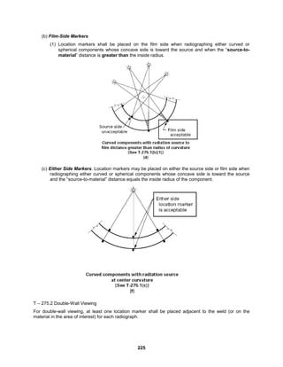 225
(b) Film-Side Markers
(1) Location markers shall be placed on the film side when radiographing either curved or
spherical components whose concave side is toward the source and when the “source-to-
material” distance is greater than the inside radius.
(c) Either Side Markers. Location markers may be placed on either the source side or film side when
radiographing either curved or spherical components whose concave side is toward the source
and the “source-to-material” distance equals the inside radius of the component.
T – 275.2 Double-Wall Viewing
For double-wall viewing, at least one location marker shall be placed adjacent to the weld (or on the
material in the area of interest) for each radiograph.
 