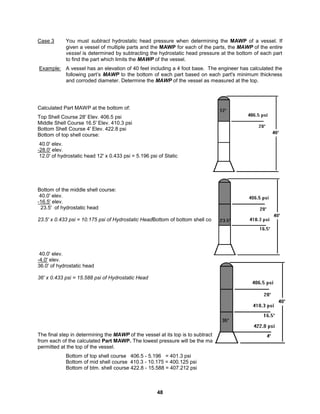 48
Case 3 You must subtract hydrostatic head pressure when determining the MAWP of a vessel. If
given a vessel of multiple parts and the MAWP for each of the parts, the MAWP of the entire
vessel is determined by subtracting the hydrostatic head pressure at the bottom of each part
to find the part which limits the MAWP of the vessel.
Example: A vessel has an elevation of 40 feet including a 4 foot base. The engineer has calculated the
following part’s MAWP to the bottom of each part based on each part's minimum thickness
and corroded diameter. Determine the MAWP of the vessel as measured at the top.
Calculated Part MAWP at the bottom of:
Top Shell Course 28' Elev. 406.5 psi
Middle Shell Course 16.5' Elev. 410.3 psi
Bottom Shell Course 4' Elev. 422.8 psi
Bottom of top shell course:
40.0' elev.
-28.0' elev.
12.0' of hydrostatic head 12' x 0.433 psi = 5.196 psi of Static
Bottom of the middle shell course:
40.0' elev.
-16.5' elev.
23.5' of hydrostatic head
23.5' x 0.433 psi = 10.175 psi of Hydrostatic HeadBottom of bottom shell course:
40.0' elev.
-4.0' elev.
36.0' of hydrostatic head
36' x 0.433 psi = 15.588 psi of Hydrostatic Head
The final step in determining the MAWP of the vessel at its top is to subtract the hydrostatic head of water
from each of the calculated Part MAWP. The lowest pressure will be the maximum gauge pressure
permitted at the top of the vessel.
Bottom of top shell course 406.5 - 5.196 = 401.3 psi
Bottom of mid shell course 410.3 - 10.175 = 400.125 psi
Bottom of btm. shell course 422.8 - 15.588 = 407.212 psi
 