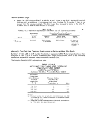 62
The third thickness range:
• Over 5 in. (127 mm) the PWHT is held for a flat 2 hours for the first 2 inches (51 mm) of
thickness with an additional 15 minutes per inch over 2 inches. For P-Number 1 there is no
change from the previous example. This third range does changes for some of the other P-
Numbers. Look at the P-Number 4 Table for example;
Alternative Post-Weld Heat Treatment Requirements for Carbon and Low Alloy Steels
By Note 1 of Table UCS 56 for P-Number 1 materials, it is possible to PWHT at a temperature lower than
that given in Table UCS-56. It involves heat treating for a longer periods of time, based on the amount of
reduction in temperature below the stated minimum in Table UCS-56.
The following Table UCS-56.1 outlines these rules.
 