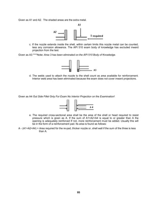 95
Given as A1 and A2. The shaded areas are the extra metal.
c. If the nozzle extends inside the shell, within certain limits this nozzle metal can be counted,
less any corrosion allowance. The API 510 exam body of knowledge has excluded inward
projection from the test.
Given as A3 ****Note: Area 3 has been eliminated on the API 510 Body of Knowledge.
d. The welds used to attach the nozzle to the shell count as area available for reinforcement.
Interior weld area has been eliminated because the exam does not cover inward projections.
Given as A4 Out Side Fillet Only For Exam No Interior Projection on the Examination!
e. The required cross-sectional area shall be the area of the shell or head required to resist
pressure which is given as A. If the sum of A1+A2+A4 is equal to or greater than A the
opening is adequately reinforced If not, more reinforcement must be added. Usually this will
be in the form of a reinforcement pad. Its area is found as follows:
A - (A1+A2+A4) = Area required for the re-pad, thicker nozzle or, shell wall if the sum of the three is less
than A.
 