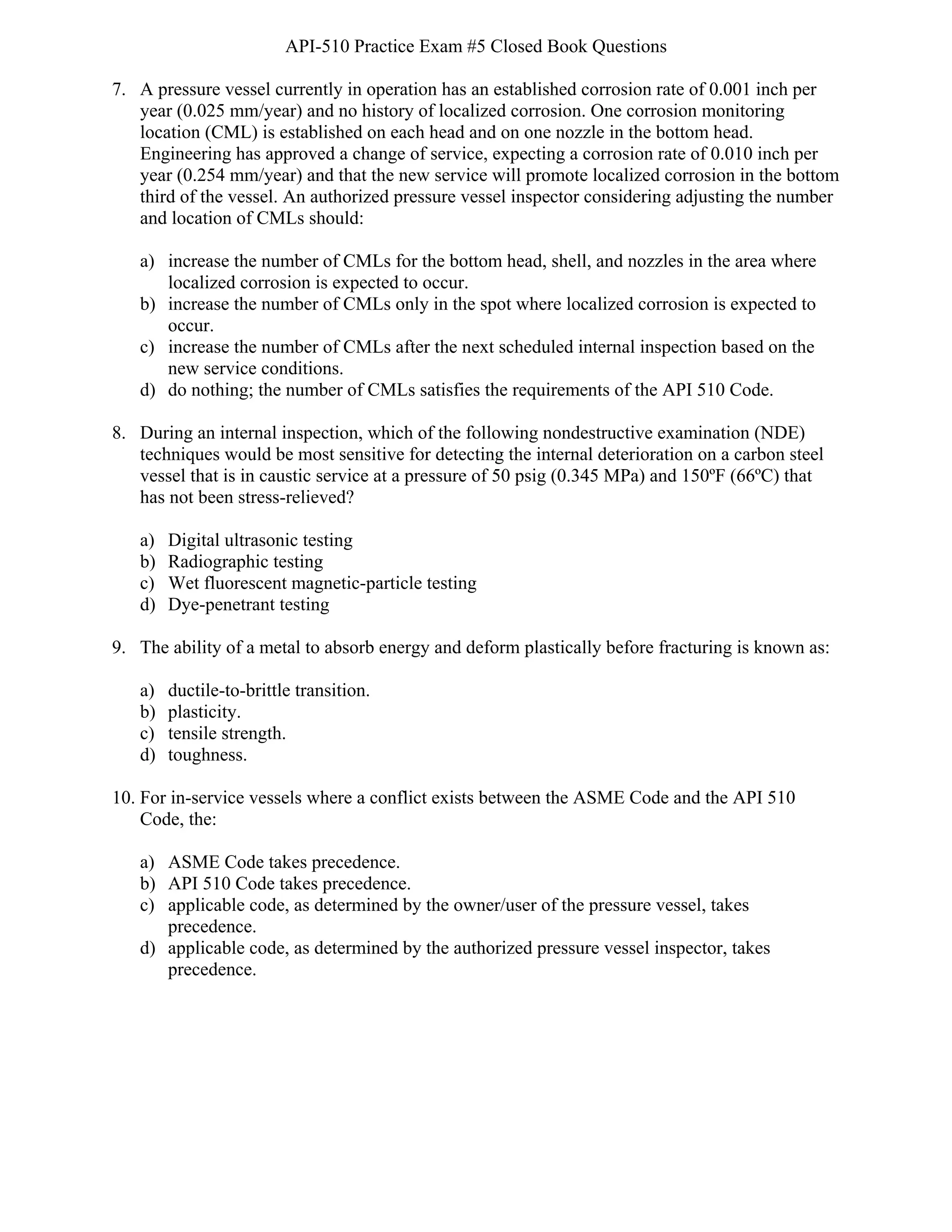 Api 510 practice exam 5 close book questions pdf