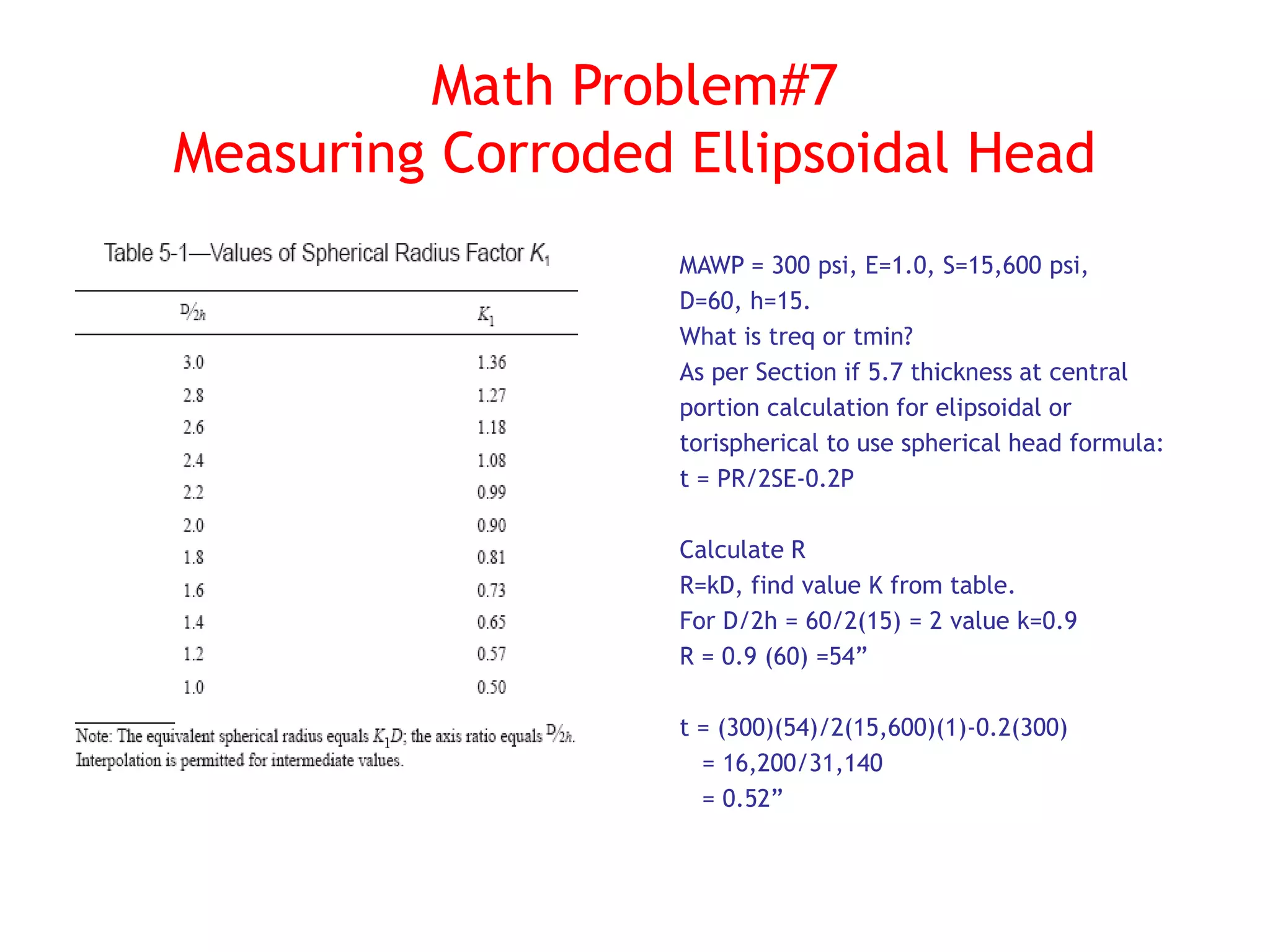 Math Problem#7
Measuring Corroded Ellipsoidal Head
MAWP = 300 psi, E=1.0, S=15,600 psi,
D=60, h=15.
What is treq or tmin?
As per Section if 5.7 thickness at central
portion calculation for elipsoidal or
torispherical to use spherical head formula:
t = PR/2SE-0.2P
Calculate R
R=kD, find value K from table.
For D/2h = 60/2(15) = 2 value k=0.9
R = 0.9 (60) =54”
t = (300)(54)/2(15,600)(1)-0.2(300)
= 16,200/31,140
= 0.52”
 