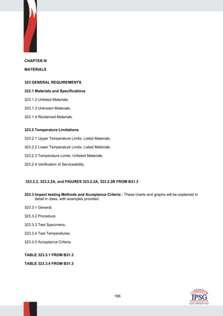 166
CHAPTER III
MATERIALS
323 GENERAL REQUIREMENTS.
323.1 Materials and Specifications.
323.1.2 Unlisted Materials.
323.1.3 Unknown Materials.
323.1.4 Reclaimed Materials.
323.2 Temperature Limitations.
323.2.1 Upper Temperature Limits, Listed Materials.
323.2.2 Lower Temperature Limits, Listed Materials.
323.2.3 Temperature Limits, Unlisted Materials.
323.2.4 Verification of Serviceability.
323.2.2, 323.2.2A, and FIGURES 323.2.2A, 323.2.2B FROM B31.3
323.3 Impact testing Methods and Acceptance Criteria - These charts and graphs will be explained in
detail in class, with examples provided.
323.3.1 General.
323.3.2 Procedure.
323.3.3 Test Specimens.
323.3.4 Test Temperatures.
323.3.5 Acceptance Criteria.
TABLE 323.3.1 FROM B31.3
TABLE 323.3.4 FROM B31.3
 