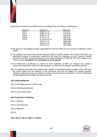 169
(g) Welding electrodes for the SMAW process are selected from the following classifications:
AWS A5.1 AWS A5.4 AWS A5.5
E6010 E308-15,-16 E7010-A1
E6011 E308L-15,-16 E7018-A1
E7015 E309-15,-16 E8016-B1
E7016 E310-15,-16 E8018-B1
E7018 E-16-8-2-15,-16 E8015-B2L
E316-15, 16 E8016-B2
E316L-15,-16 E8018-B2
E347-15,-16 E8018-B2L
(h) By signature, the employer accepts responsibility for both the WPS and the procedure qualification record
(PQR).
(i) The employer has at least one currently employed welder or welding operator who, while in his employ, has
satisfactorily passed a performance qualification test using the procedure and the P-Number material
specified in the WPS. The performance bend test required by Section IX, QW-302, BPV Code, shall be used
for this purpose. Qualification by radiography is not acceptable.
328.2.3 Performance Qualification by Others--To avoid duplication of effort, an employer may accept a
performance qualification made for another employer, provided that the Inspector specifically approves.
328.2.4 Qualification Records--The employer shall maintain a self-certified record, available to the owner (and
the owner’s agent) and the Inspector, of the procedures used and the welders and welding operators
employed, showing the date and results of procedure and performance qualifications, and the identification
symbol assigned to each welder and welding operator.
328.3 Welding Materials.
328.3.1 Filler Metal--Section IX, BPV Code.
328.3.2 Weld Backing Material.
328.3.3 Consumable Inserts.
328.4 Preparation for Welding.
328.4.1 Cleaning.
328.4.2 End Preparation.
328.4.3 Alignment.
328.4.4
FIGS. 328.3.2, 328.4.2, 328.4.3, & 328.4.4
 