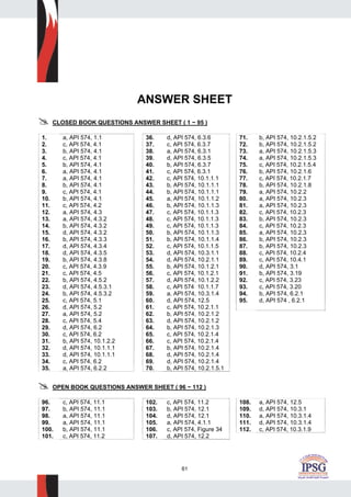 61
ANSWER SHEET
CLOSED BOOK QUESTIONS ANSWER SHEET ( 1 ~ 95 )
1. a, API 574, 1.1
2. c, API 574, 4.1
3. b, API 574, 4.1
4. c, API 574, 4.1
5. b, API 574, 4.1
6. a, API 574, 4.1
7. a, API 574, 4.1
8. b, API 574, 4.1
9. c, API 574, 4.1
10. b, API 574, 4.1
11. c, API 574, 4.2
12. a, API 574, 4.3
13. a, API 574, 4.3.2
14. b, API 574, 4.3.2
15. d, API 574, 4.3.2
16. b, API 574, 4.3.3
17. d, API 574, 4.3.4
18. d, API 574, 4.3.5
19. b, API 574, 4.3.8
20. c, API 574, 4.3.9
21. c, API 574, 4.5
22. b, API 574, 4.5.2
23. d, API 574, 4.5.3.1
24. b, API 574, 4.5.3.2
25. c, API 574, 5.1
26. d, API 574, 5.2
27. a, API 574, 5.2
28. c, API 574, 5.4
29. d, API 574, 6.2
30. c, API 574, 6.2
31. b, API 574, 10.1.2.2
32. d, API 574, 10.1.1.1
33. d, API 574, 10.1.1.1
34. c, API 574, 6.2
35. a, API 574, 6.2.2
36. d, API 574, 6.3.6
37. c, API 574, 6.3.7
38. a, API 574, 6.3.1
39. d, API 574, 6.3.5
40. b, API 574, 6.3.7
41. c, API 574, 6.3.1
42. c, API 574, 10.1.1.1
43. b, API 574, 10.1.1.1
44. b, API 574, 10.1.1.1
45. a, API 574, 10.1.1.2
46. b, API 574, 10.1.1.3
47. c, API 574, 10.1.1.3
48. c, API 574, 10.1.1.3
49. c, API 574, 10.1.1.3
50. b, API 574, 10.1.1.3
51. b, API 574, 10.1.1.4
52. c, API 574, 10.1.1.5
53. d, API 574, 10.3.1.1
54. d, API 574, 10.2.1.1
55. b, API 574, 10.1.2.1
56. c, API 574, 10.1.2.1
57. d, API 574, 10.1.2.2
58. c, API 574 10.1.1.7
59. a, API 574, 10.3.1.4
60. d, API 574, 12.5
61. c, API 574, 10.2.1.1
62. b, API 574, 10.2.1.2
63. d, API 574, 10.2.1.2
64. b, API 574, 10.2.1.3
65. c, API 574, 10.2.1.4
66. c, API 574, 10.2.1.4
67. b, API 574, 10.2.1.4
68. d, API 574, 10.2.1.4
69. d, API 574, 10.2.1.4
70. b, API 574, 10.2.1.5.1
71. b, API 574, 10.2.1.5.2
72. b, API 574, 10.2.1.5.2
73. a, API 574, 10.2.1.5.3
74. a, API 574, 10.2.1.5.3
75. c, API 574, 10.2.1.5.4
76. b, API 574, 10.2.1.6
77. c, API 574, 10.2.1.7
78. b, API 574, 10.2.1.8
79. a, API 574, 10.2.2
80. a, API 574, 10.2.3
81. a, API 574, 10.2.3
82. c, API 574, 10.2.3
83. b, API 574, 10.2.3
84. c, API 574, 10.2.3
85. a, API 574, 10.2.3
86. b, API 574, 10.2.3
87. b, API 574, 10.2.3
88. c, API 574, 10.2.4
89. c, API 574, 10.4.1
90. d, API 574, 3.1
91. b, API 574, 3.19
92. c, API 574, 3.23
93. c, API 574, 3.20
94. b, API 574, 6.2.1
95. d, API 574 , 6.2.1
OPEN BOOK QUESTIONS ANSWER SHEET ( 96 ~ 112 )
96. c, API 574, 11.1
97. b, API 574, 11.1
98. a, API 574, 11.1
99. a, API 574, 11.1
100. b, API 574, 11.1
101. c, API 574, 11.2
102. c, API 574, 11.2
103. b, API 574, 12.1
104. d, API 574, 12.1
105. a, API 574, 4.1.1
106. c, API 574, Figure 34
107. d, API 574, 12.2
108. a, API 574, 12.5
109. d, API 574, 10.3.1
110. a, API 574, 10.3.1.4
111. d, API 574, 10.3.1.4
112. c, API 574, 10.3.1.9
 