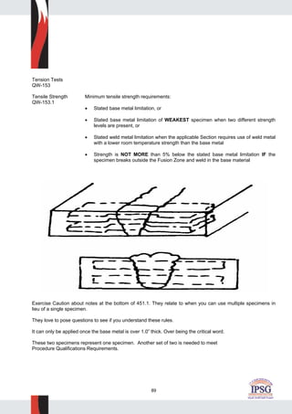 89
Tension Tests
QW-153
Tensile Strength Minimum tensile strength requirements:
QW-153.1
• Stated base metal limitation, or
• Stated base metal limitation of WEAKEST specimen when two different strength
levels are present, or
• Stated weld metal limitation when the applicable Section requires use of weld metal
with a lower room temperature strength than the base metal
• Strength is NOT MORE than 5% below the stated base metal limitation IF the
specimen breaks outside the Fusion Zone and weld in the base material
Exercise Caution about notes at the bottom of 451.1. They relate to when you can use multiple specimens in
lieu of a single specimen.
They love to pose questions to see if you understand these rules.
It can only be applied once the base metal is over 1.0” thick. Over being the critical word.
These two specimens represent one specimen. Another set of two is needed to meet
Procedure Qualifications Requirements.
 