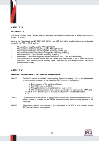 99
ARTICLE IV
WELDING DATA
This Article contains many - Tables, Graphs, and other mandatory information that is referenced throughout
Articles I, II, and III.
Many of the Tables (such as QW 451.1, QW 452.1(a) and 452.1(b)) will be used to determine the allowable
ranges for the WPS or WPQ, such as:
• Allowable Base Metal Ranges for WPS (QW 451.1)
• Allowable Deposited Weld Metal Ranges for WPS (QW 451.1)
• Allowable Deposited Weld Metal Ranges for Welders (QW 452.1(b))
• Allowable Pipe Diameter Qualification Ranges for Welders (QW 452.3)
• Allowable Position Qualifications for Welders (QW 461.7)
• Allowable P# Qualification ranges for Welders and WPS (QW 423 and 424, respectively)
• The candidate must become familiar with the Tables, and know where to go to obtain the correct
information. After several practice sessions these Tables become quite easy to master, and can be
accessed rather quickly.
ARTICLE V
STANDARD WELDING PROCEDURE SPECIFICATIONS (SWPS)
QW-510 The SWP’s listed in Appendix E (approximately 17) are only allowed. Prior to use a laundry list
of items must be completed by the user of the SWPs, including the following:
a. Enter the name of the user (manufacturer);
b. The SWPs must be certified;
c. The applicable referencing code sections must be met;
d. The user (manufacturer) must weld and test one groove weld using the SWPS and
record 15 items. Then the coupon must be visually examined and bend tested or
RT’d.
QW-520 Once the above coupon passes all similar SWP’s may be used without the demonstration in (d),
above. The list of changes that will require additional discreet demonstrations are listed in this
paragraph.
QW-540 All production welding must be done in strict accordance to the SWP’s, other rules for utilizing
SWP’s are provided in the paragraph.
 