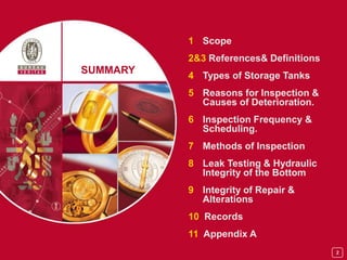 2
1 Scope
2&3 References& Definitions
4 Types of Storage Tanks
5 Reasons for Inspection &
Causes of Deterioration.
6 Inspection Frequency &
Scheduling.
7 Methods of Inspection
8 Leak Testing & Hydraulic
Integrity of the Bottom
9 Integrity of Repair &
Alterations
10 Records
11 Appendix A
SUMMARY
 