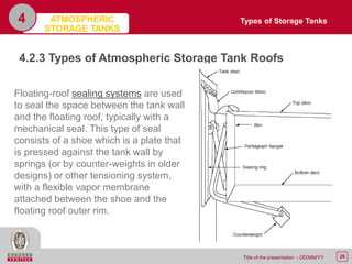 26Title of the presentation - DD/MM/YY
4
4.2.3 Types of Atmospheric Storage Tank Roofs
Floating-roof sealing systems are used
to seal the space between the tank wall
and the floating roof, typically with a
mechanical seal. This type of seal
consists of a shoe which is a plate that
is pressed against the tank wall by
springs (or by counter-weights in older
designs) or other tensioning system,
with a flexible vapor membrane
attached between the shoe and the
floating roof outer rim.
Types of Storage TanksATMOSPHERIC
STORAGE TANKS
 