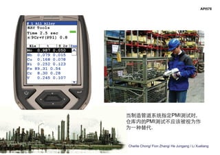 Charlie Chong/ Fion Zhang/ He Jungang / Li Xueliang
API578
当制造管道系统指定PMI测试时,
仓库内的PMI测试不应该被视为作
为一种替代.
 