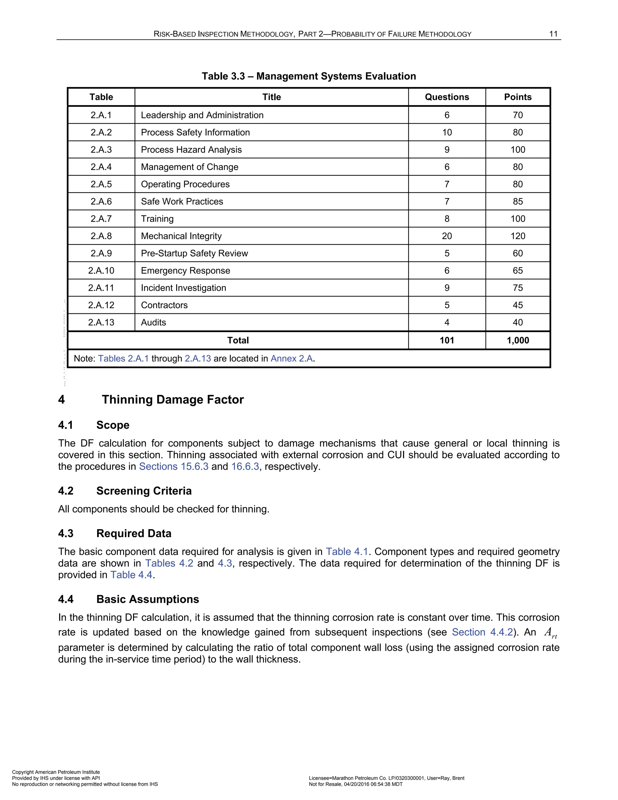 RISK-BASED INSPECTION METHODOLOGY, PART 2—PROBABILITY OF FAILURE METHODOLOGY 11
Table 3.3 – Management Systems Evaluation
Table Title Questions Points
2.A.1 Leadership and Administration 6 70
2.A.2 Process Safety Information 10 80
2.A.3 Process Hazard Analysis 9 100
2.A.4 Management of Change 6 80
2.A.5 Operating Procedures 7 80
2.A.6 Safe Work Practices 7 85
2.A.7 Training 8 100
2.A.8 Mechanical Integrity 20 120
2.A.9 Pre-Startup Safety Review 5 60
2.A.10 Emergency Response 6 65
2.A.11 Incident Investigation 9 75
2.A.12 Contractors 5 45
2.A.13 Audits 4 40
Total 101 1,000
Note: Tables 2.A.1 through 2.A.13 are located in Annex 2.A.
4 Thinning Damage Factor
4.1 Scope
The DF calculation for components subject to damage mechanisms that cause general or local thinning is
covered in this section. Thinning associated with external corrosion and CUI should be evaluated according to
the procedures in Sections 15.6.3 and 16.6.3, respectively.
4.2 Screening Criteria
All components should be checked for thinning.
4.3 Required Data
The basic component data required for analysis is given in Table 4.1. Component types and required geometry
data are shown in Tables 4.2 and 4.3, respectively. The data required for determination of the thinning DF is
provided in Table 4.4.
4.4 Basic Assumptions
In the thinning DF calculation, it is assumed that the thinning corrosion rate is constant over time. This corrosion
rate is updated based on the knowledge gained from subsequent inspections (see Section 4.4.2). An rt
A
parameter is determined by calculating the ratio of total component wall loss (using the assigned corrosion rate
during the in-service time period) to the wall thickness.
Copyright American Petroleum Institute
Provided by IHS under license with API Licensee=Marathon Petroleum Co. LP/0320300001, User=Ray, Brent
Not for Resale, 04/20/2016 06:54:38 MDT
No reproduction or networking permitted without license from IHS
--````,`,,,,,,`,,,,,,```````,`-`-`,,`,,`,`,,`---
 