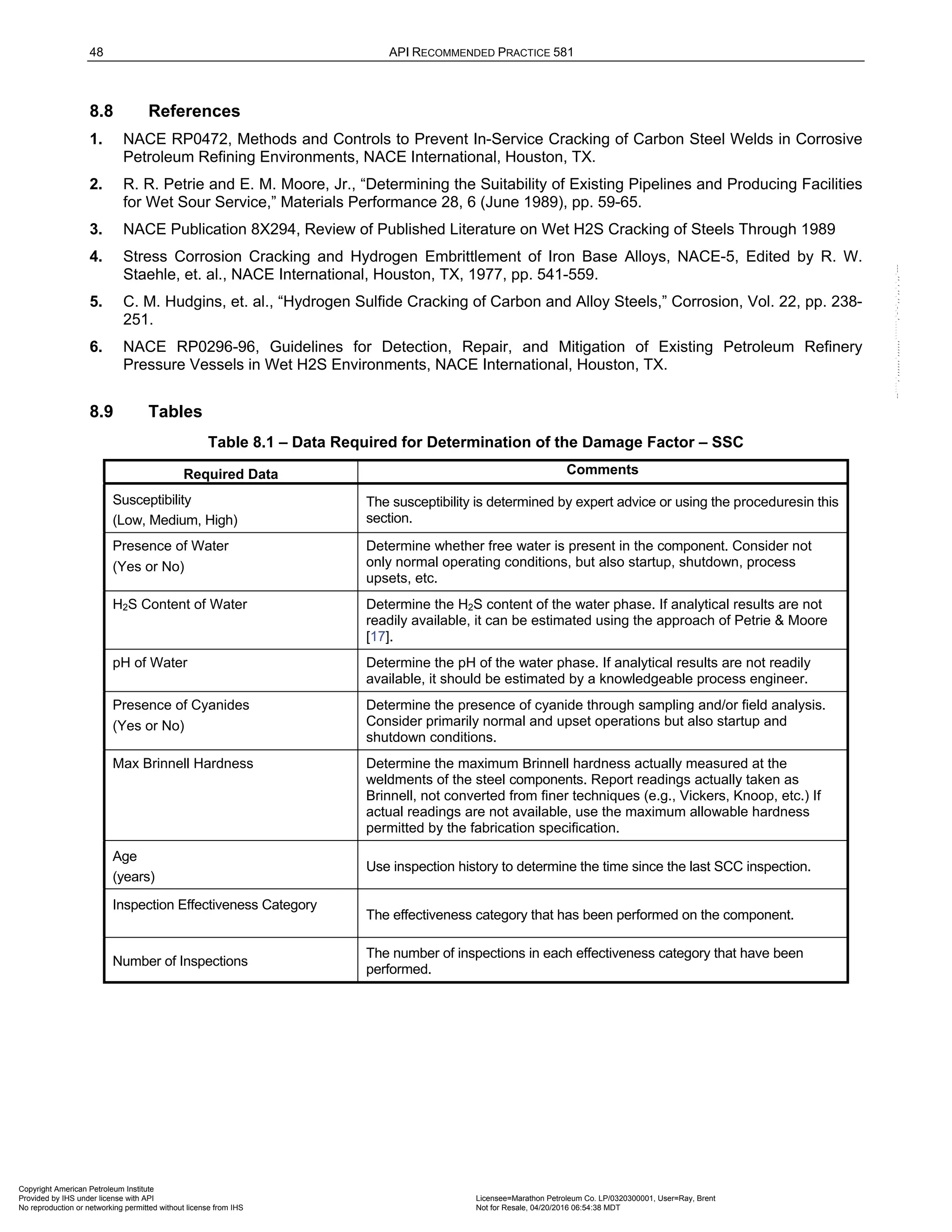 48 API RECOMMENDED PRACTICE 581
8.8 References
1. NACE RP0472, Methods and Controls to Prevent In-Service Cracking of Carbon Steel Welds in Corrosive
Petroleum Refining Environments, NACE International, Houston, TX.
2. R. R. Petrie and E. M. Moore, Jr., “Determining the Suitability of Existing Pipelines and Producing Facilities
for Wet Sour Service,” Materials Performance 28, 6 (June 1989), pp. 59-65.
3. NACE Publication 8X294, Review of Published Literature on Wet H2S Cracking of Steels Through 1989
4. Stress Corrosion Cracking and Hydrogen Embrittlement of Iron Base Alloys, NACE-5, Edited by R. W.
Staehle, et. al., NACE International, Houston, TX, 1977, pp. 541-559.
5. C. M. Hudgins, et. al., “Hydrogen Sulfide Cracking of Carbon and Alloy Steels,” Corrosion, Vol. 22, pp. 238-
251.
6. NACE RP0296-96, Guidelines for Detection, Repair, and Mitigation of Existing Petroleum Refinery
Pressure Vessels in Wet H2S Environments, NACE International, Houston, TX.
8.9 Tables
Table 8.1 – Data Required for Determination of the Damage Factor – SSC
Required Data Comments
Susceptibility
(Low, Medium, High)
The susceptibility is determined by expert advice or using the proceduresin this
section.
Presence of Water
(Yes or No)
Determine whether free water is present in the component. Consider not
only normal operating conditions, but also startup, shutdown, process
upsets, etc.
H2S Content of Water Determine the H2S content of the water phase. If analytical results are not
readily available, it can be estimated using the approach of Petrie & Moore
[17].
pH of Water Determine the pH of the water phase. If analytical results are not readily
available, it should be estimated by a knowledgeable process engineer.
Presence of Cyanides
(Yes or No)
Determine the presence of cyanide through sampling and/or field analysis.
Consider primarily normal and upset operations but also startup and
shutdown conditions.
Max Brinnell Hardness Determine the maximum Brinnell hardness actually measured at the
weldments of the steel components. Report readings actually taken as
Brinnell, not converted from finer techniques (e.g., Vickers, Knoop, etc.) If
actual readings are not available, use the maximum allowable hardness
permitted by the fabrication specification.
Age
(years)
Use inspection history to determine the time since the last SCC inspection.
Inspection Effectiveness Category
The effectiveness category that has been performed on the component.
Number of Inspections
The number of inspections in each effectiveness category that have been
performed.
Copyright American Petroleum Institute
Provided by IHS under license with API Licensee=Marathon Petroleum Co. LP/0320300001, User=Ray, Brent
Not for Resale, 04/20/2016 06:54:38 MDT
No reproduction or networking permitted without license from IHS
--````,`,,,,,,`,,,,,,```````,`-`-`,,`,,`,`,,`---
 