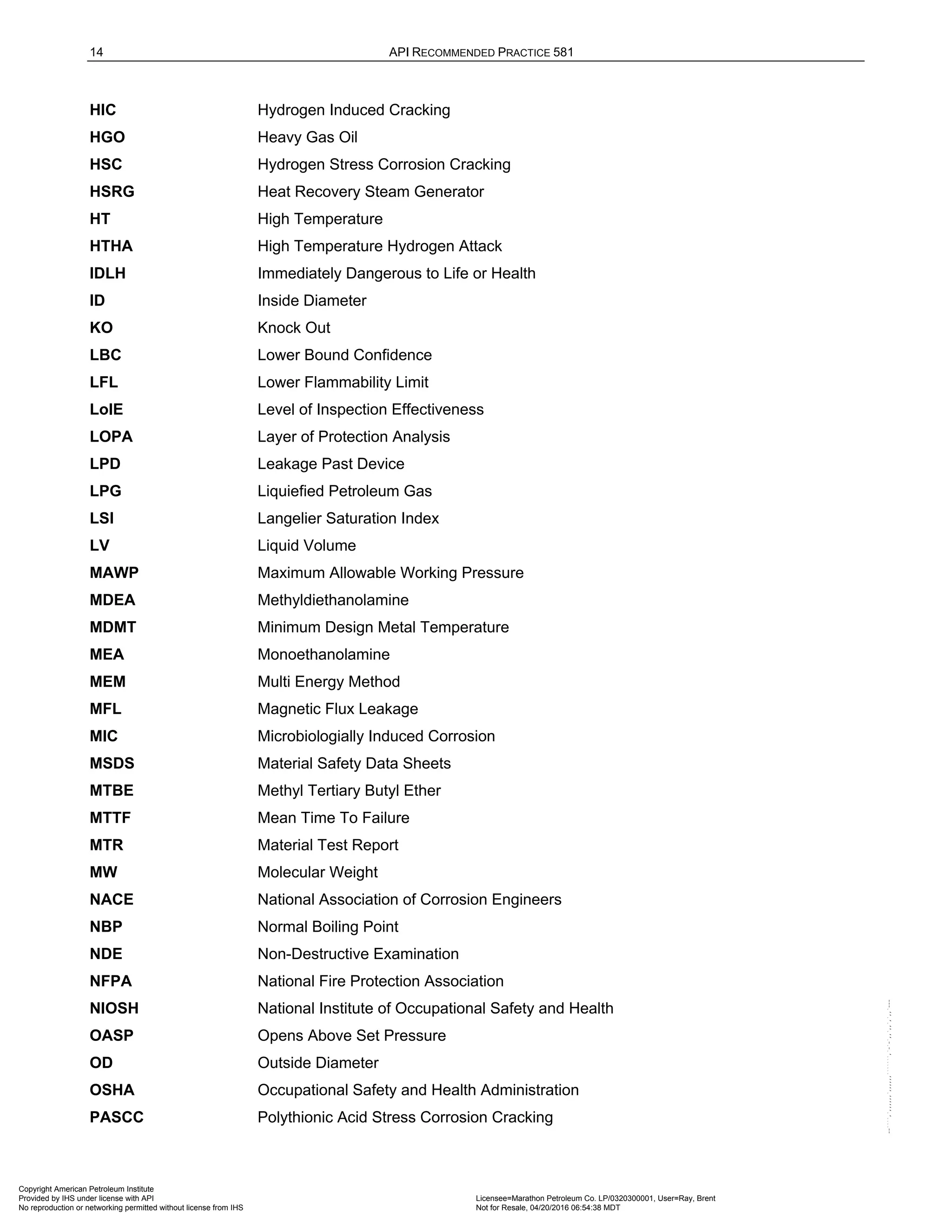 14 API RECOMMENDED PRACTICE 581
HIC Hydrogen Induced Cracking
HGO Heavy Gas Oil
HSC Hydrogen Stress Corrosion Cracking
HSRG Heat Recovery Steam Generator
HT High Temperature
HTHA High Temperature Hydrogen Attack
IDLH Immediately Dangerous to Life or Health
ID Inside Diameter
KO Knock Out
LBC Lower Bound Confidence
LFL Lower Flammability Limit
LoIE Level of Inspection Effectiveness
LOPA Layer of Protection Analysis
LPD Leakage Past Device
LPG Liquiefied Petroleum Gas
LSI Langelier Saturation Index
LV Liquid Volume
MAWP Maximum Allowable Working Pressure
MDEA Methyldiethanolamine
MDMT Minimum Design Metal Temperature
MEA Monoethanolamine
MEM Multi Energy Method
MFL Magnetic Flux Leakage
MIC Microbiologially Induced Corrosion
MSDS Material Safety Data Sheets
MTBE Methyl Tertiary Butyl Ether
MTTF Mean Time To Failure
MTR Material Test Report
MW Molecular Weight
NACE National Association of Corrosion Engineers
NBP Normal Boiling Point
NDE Non-Destructive Examination
NFPA National Fire Protection Association
NIOSH National Institute of Occupational Safety and Health
OASP Opens Above Set Pressure
OD Outside Diameter
OSHA Occupational Safety and Health Administration
PASCC Polythionic Acid Stress Corrosion Cracking
Copyright American Petroleum Institute
Provided by IHS under license with API Licensee=Marathon Petroleum Co. LP/0320300001, User=Ray, Brent
Not for Resale, 04/20/2016 06:54:38 MDT
No reproduction or networking permitted without license from IHS
--````,`,,,,,,`,,,,,,```````,`-`-`,,`,,`,`,,`---
 