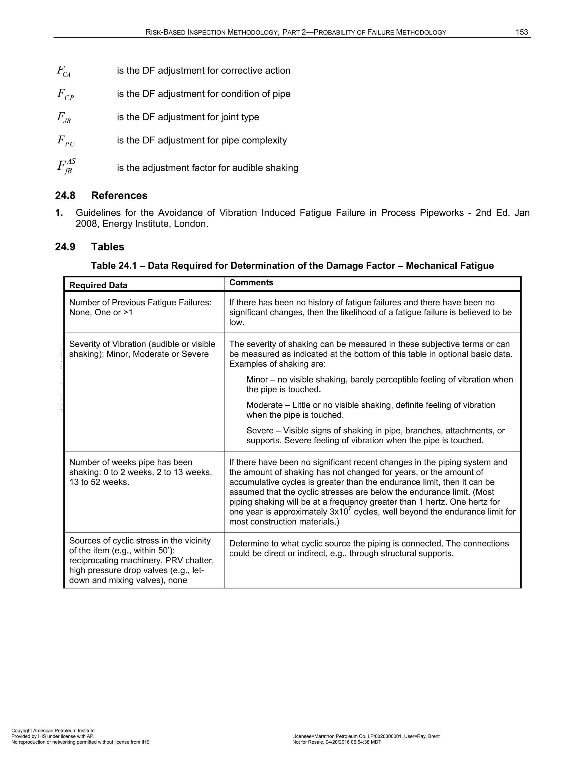 RISK-BASED INSPECTION METHODOLOGY, PART 2—PROBABILITY OF FAILURE METHODOLOGY 153
CA
F is the DF adjustment for corrective action
CP
F is the DF adjustment for condition of pipe
JB
F is the DF adjustment for joint type
PC
F is the DF adjustment for pipe complexity
AS
fB
F is the adjustment factor for audible shaking
24.8 References
1. Guidelines for the Avoidance of Vibration Induced Fatigue Failure in Process Pipeworks - 2nd Ed. Jan
2008, Energy Institute, London.
24.9 Tables
Table 24.1 – Data Required for Determination of the Damage Factor – Mechanical Fatigue
Required Data Comments
Number of Previous Fatigue Failures:
None, One or >1
If there has been no history of fatigue failures and there have been no
significant changes, then the likelihood of a fatigue failure is believed to be
low.
Severity of Vibration (audible or visible
shaking): Minor, Moderate or Severe
The severity of shaking can be measured in these subjective terms or can
be measured as indicated at the bottom of this table in optional basic data.
Examples of shaking are:
Minor – no visible shaking, barely perceptible feeling of vibration when
the pipe is touched.
Moderate – Little or no visible shaking, definite feeling of vibration
when the pipe is touched.
Severe – Visible signs of shaking in pipe, branches, attachments, or
supports. Severe feeling of vibration when the pipe is touched.
Number of weeks pipe has been
shaking: 0 to 2 weeks, 2 to 13 weeks,
13 to 52 weeks.
If there have been no significant recent changes in the piping system and
the amount of shaking has not changed for years, or the amount of
accumulative cycles is greater than the endurance limit, then it can be
assumed that the cyclic stresses are below the endurance limit. (Most
piping shaking will be at a frequency greater than 1 hertz. One hertz for
one year is approximately 3x10
7
cycles, well beyond the endurance limit for
most construction materials.)
Sources of cyclic stress in the vicinity
of the item (e.g., within 50’):
reciprocating machinery, PRV chatter,
high pressure drop valves (e.g., let-
down and mixing valves), none
Determine to what cyclic source the piping is connected. The connections
could be direct or indirect, e.g., through structural supports.
Copyright American Petroleum Institute
Provided by IHS under license with API Licensee=Marathon Petroleum Co. LP/0320300001, User=Ray, Brent
Not for Resale, 04/20/2016 06:54:38 MDT
No reproduction or networking permitted without license from IHS
--````,`,,,,,,`,,,,,,```````,`-`-`,,`,,`,`,,`---
 
