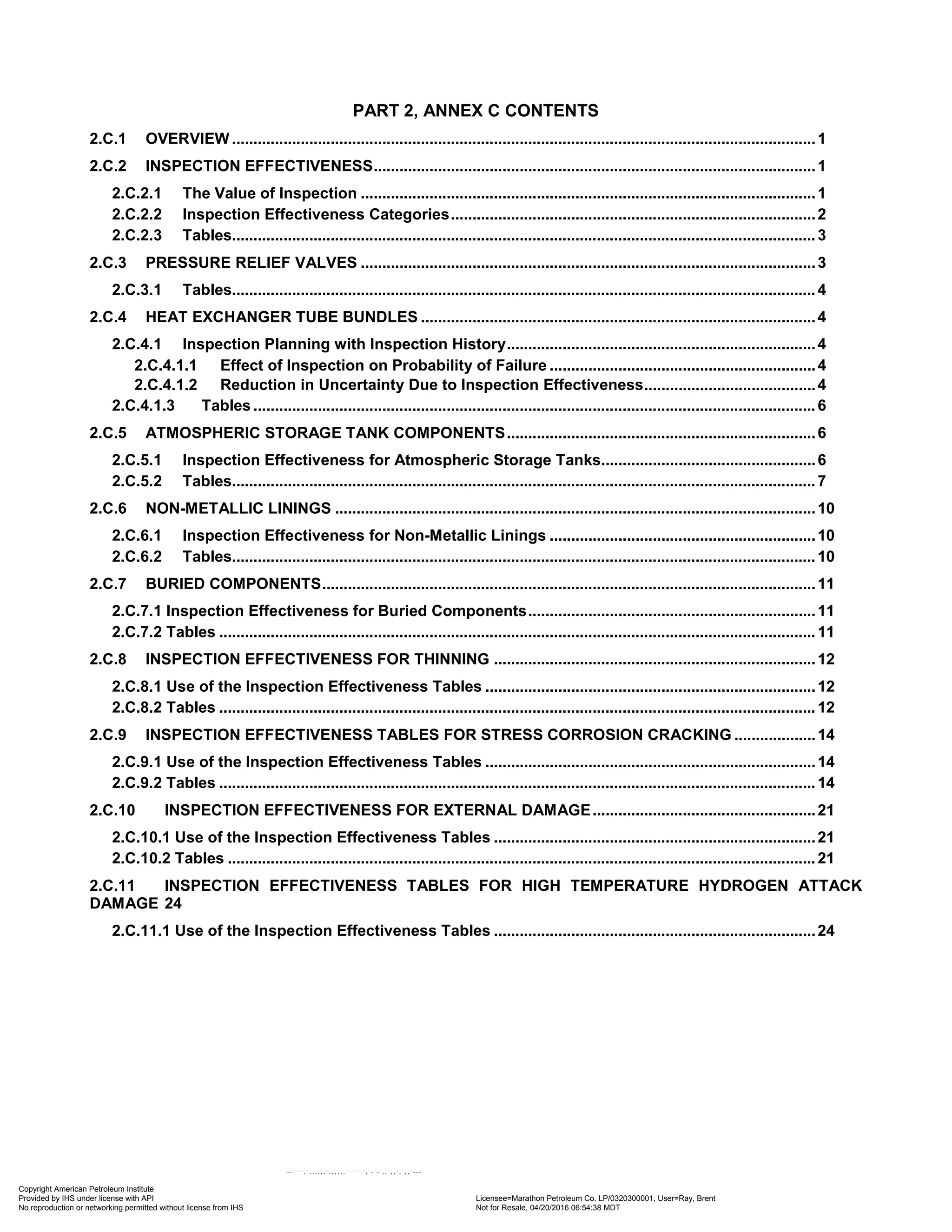 PART 2, ANNEX C CONTENTS
OVERVIEW ........................................................................................................................................1
2.C.1
INSPECTION EFFECTIVENESS.......................................................................................................1
2.C.2
2.C.2.1 The Value of Inspection ..........................................................................................................1
2.C.2.2 Inspection Effectiveness Categories.....................................................................................2
2.C.2.3 Tables........................................................................................................................................3
PRESSURE