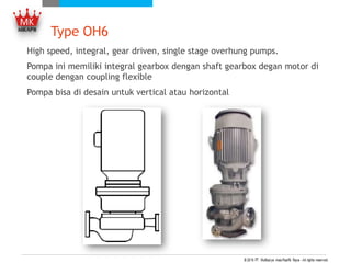 Type OH6
High speed, integral, gear driven, single stage overhung pumps.
Pompa ini memiliki integral gearbox dengan shaft gearbox degan motor di
couple dengan coupling flexible
Pompa bisa di desain untuk vertical atau horizontal
 