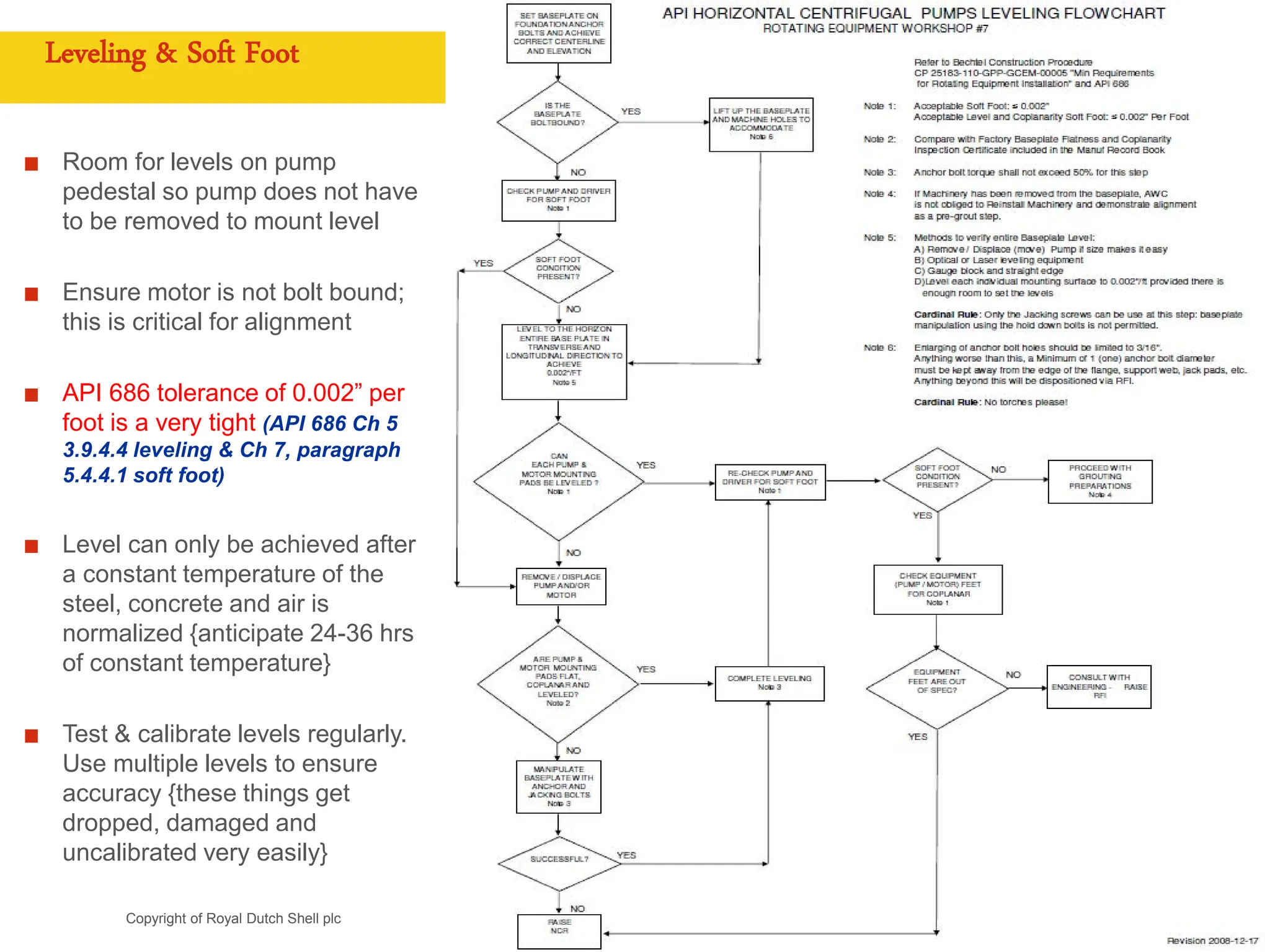 Copyright of Royal Dutch Shell plc CONFIDENTIAL
Room for levels on pump
pedestal so pump does not have
to be removed to mount level
Ensure motor is not bolt bound;
this is critical for alignment
API 686 tolerance of 0.002” per
foot is a very tight (API 686 Ch 5
3.9.4.4 leveling & Ch 7, paragraph
5.4.4.1 soft foot)
Level can only be achieved after
a constant temperature of the
steel, concrete and air is
normalized {anticipate 24-36 hrs
of constant temperature}
Test & calibrate levels regularly.
Use multiple levels to ensure
accuracy {these things get
dropped, damaged and
uncalibrated very easily}
Enter document title in Footer (Insert > Header & Footer > Apply to All) 23
Leveling & Soft Foot
 