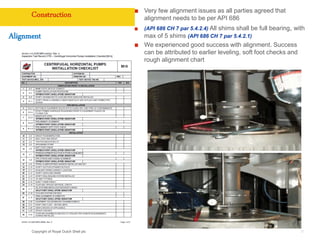 Copyright of Royal Dutch Shell plc
Construction
Alignment
31
Very few alignment issues as all parties agreed that
alignment needs to be per API 686
(API 686 CH 7 par 5.4.2.4) All shims shall be full bearing, with
max of 5 shims (API 686 CH 7 par 5.4.2.1)
We experienced good success with alignment. Success
can be attributed to earlier leveling, soft foot checks and
rough alignment chart
 