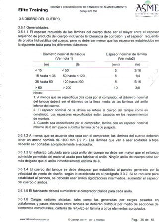 DISEÑO Y CONSTRUCCION DE TANQUES DE ALMACENAMIENTO
Elite T raining Código API Gso
SlTTING IHE JíAftDA~D
t IJ IO J-0 OJ
3.6 DISEÑO DEL CUERPO.
3.6.1 Generalidades.
3.6.1.1 El espesor requerido de las láminas del cuerpo debe ser el mayor entre el espesor
requerido de producto del cuerpo incluyendo la tolerancia de corrosión y el espesor requerido
de prueba hidrostática del cuerpo, pero no debe ser menor que los espesores establecidos en
la siguiente tabla para los diferentes diámetros:
Diámetro nominal del tanque Espesor nominal de lámina
(Ver nota 1) (Ver nota2)
(m) (ft) (mm) (in)
< 15 < 50 5 3/16
15 hasta< 36 50 hasta < 120 6 1/4
36 hasta 60 120 hasta 200 8 5/16
> 60 > 200 10 3/8
Notas:
1. A menos que se especifique otra cosa por el comprador, el diámetro nominal
del tanque deberá ser el diámetro de la línea media de las láminas del anillo
inferior del cuerpo.
2. El espesor nominal de la lámina se refiere al cuerpo del tanque como es
construido. Los espesores especificados están basados en los requerimientos
de montaje.
3. Cuando sea especificado por el comprador, lámina con un espesor nominal
mínimo de 6 mm puede substituir lámina de Y. de pulgada.
1
•
/
3.6.1.2 A menos que se acuerde otra cosa con el comprador, las láminas del cuerpo deberán
tener un ancho nominla de 1800 mm (72 in). Las láminas que van a aser soldadas a tope
deberán ser cortadas apropiadamente a escuadra.
3.6.1.3 El esfuerzo calculado para cada anillo del cuerpo no debe ser mayor que el esfuerzo
admisible permitido del material usado para fabricar el anillo. Ningún anillo del cuerpo debe ser
más delgado que el anillo inmediatamente encima de él.
3.6.1.4 El cuerpo del tanque se debe chequear por estabilidad al pandeo generado por la
velocidad de viento de diseño, según lo establecido en el parágrafo 3.9.7. Si se requiere para
estabilidad al pandeo, se deberán usar anillos rigidizadores intermedios, aumentar el espesor
del cuerpo o ambos.
3.6.1.5 El fabricante deberá suministrar al comprador planos para cada anillo.
3.6.1.6 Cargas radiales aisladas, tales como las generadas por cargas pesadas en.
plataformas y pasos elevados entre tanques se deberán distribuir por medio de secciones de
elementos estructurales, cartelas de refuerzo en lámina u otros elementos apropiados.
www.hidrocarburos.com.co © Copyright 2007-11 por J Restrepo Pag.: 25 de: 56
 